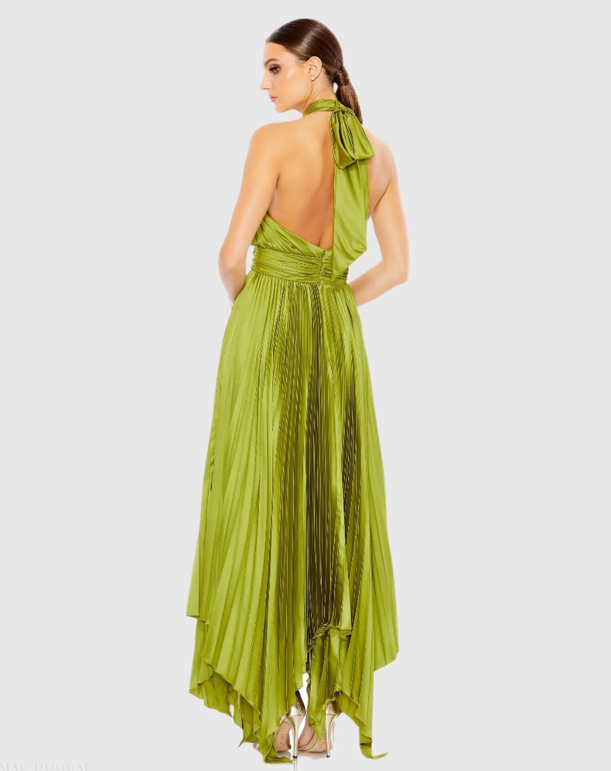 Green Pleated Halter Neck Asymmetrical Hem Gown - Image 3