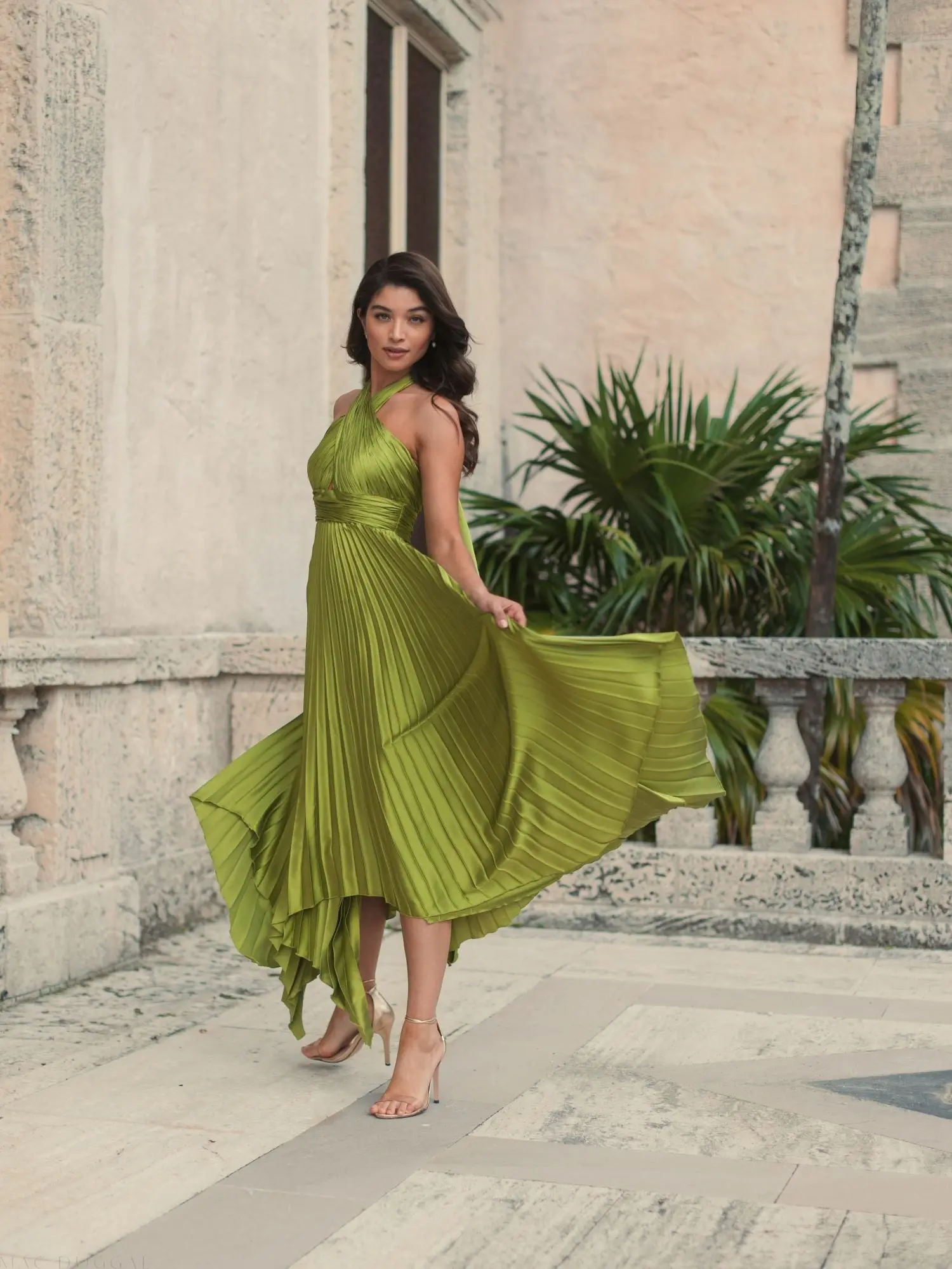 Green Pleated Halter Neck Asymmetrical Hem Gown - Image 6