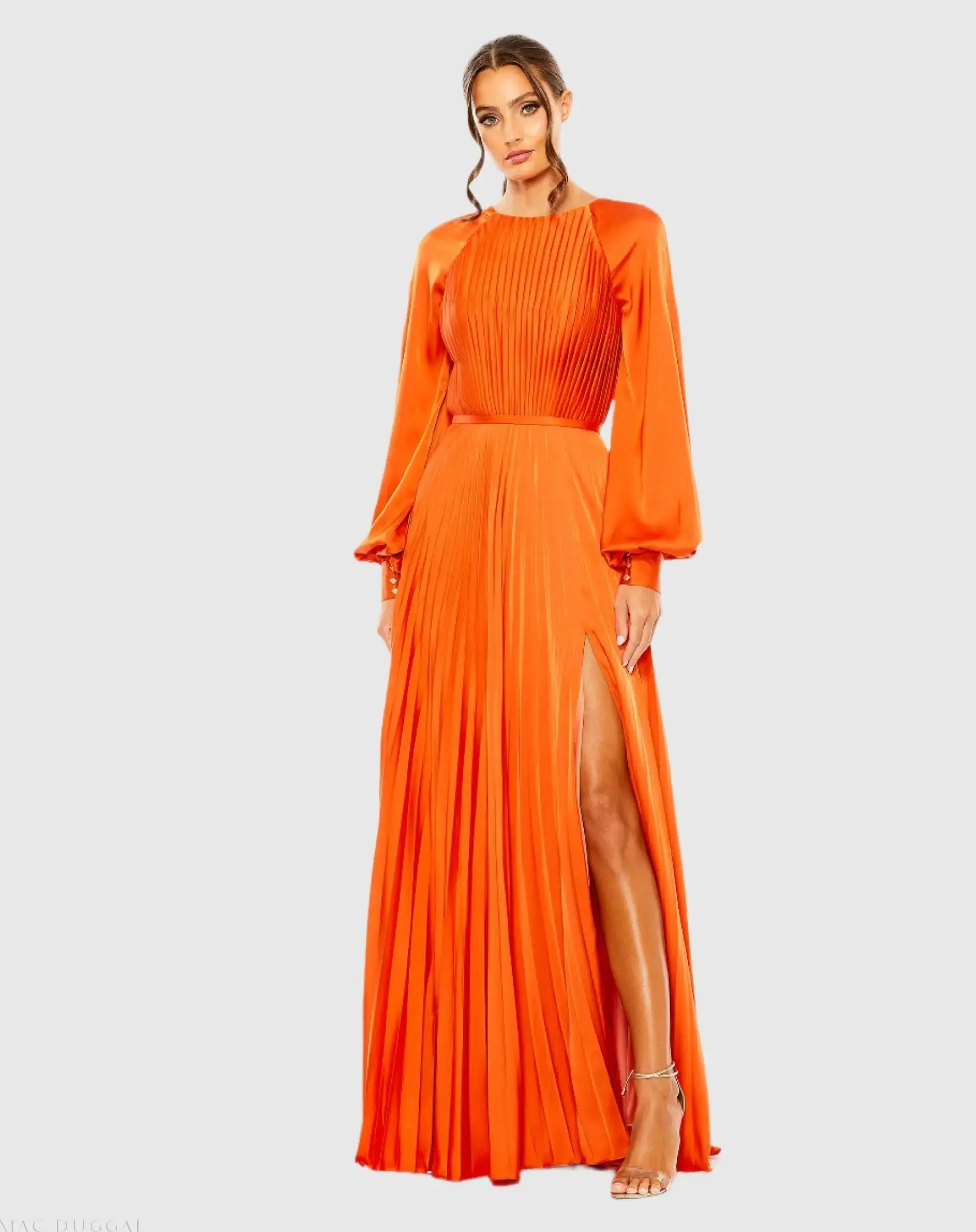 Pleated High Neck Raglan Long Sleeve Side Slit Gown - Image 5