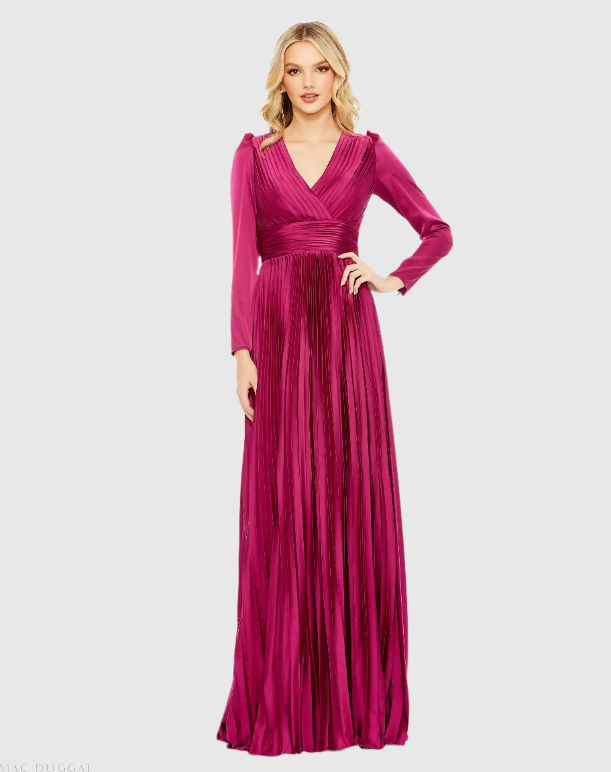 Pleated Long Sleeve V-Neck Gown - Image 2