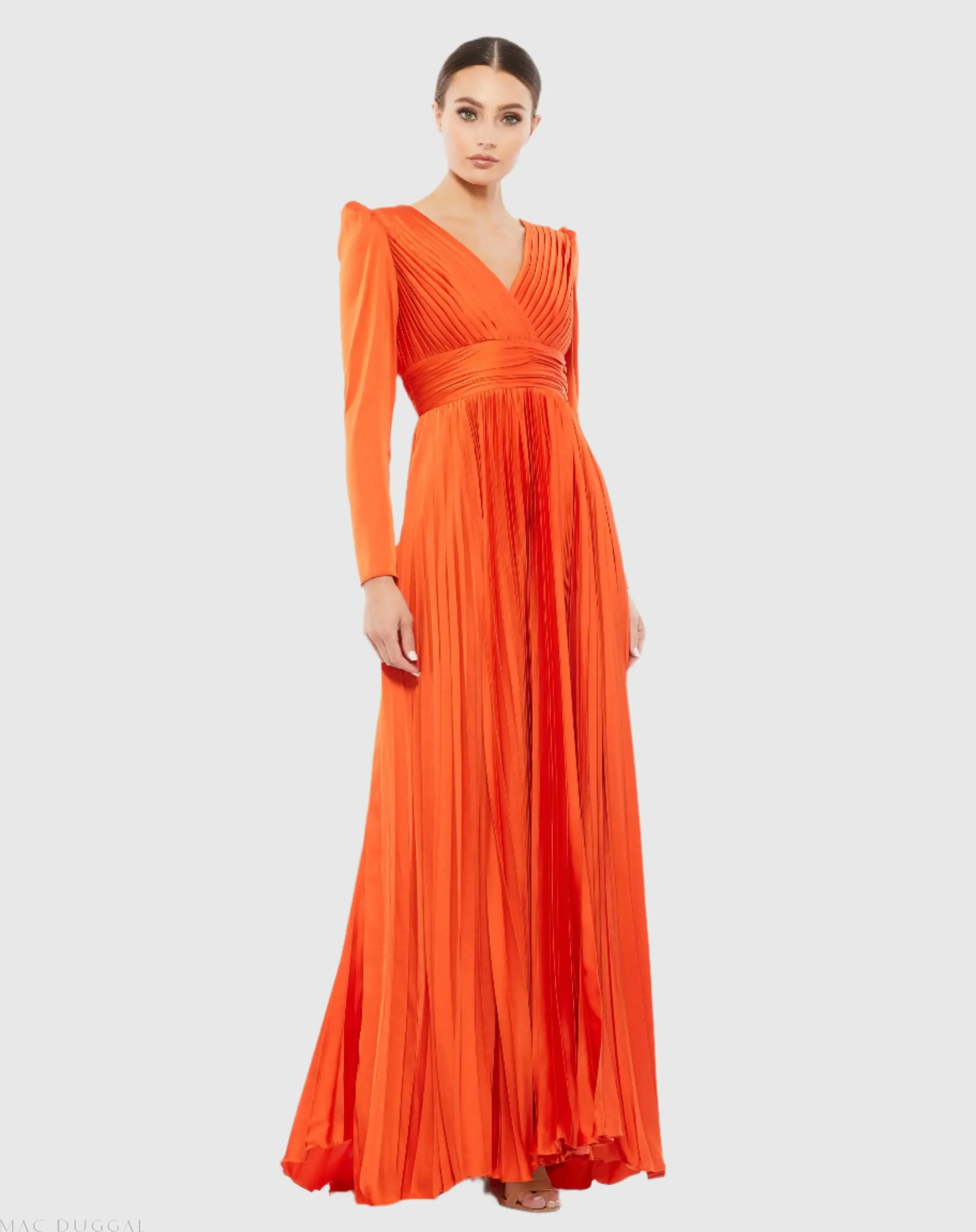 Pleated Long Sleeve V-Neck Gown - Image 3