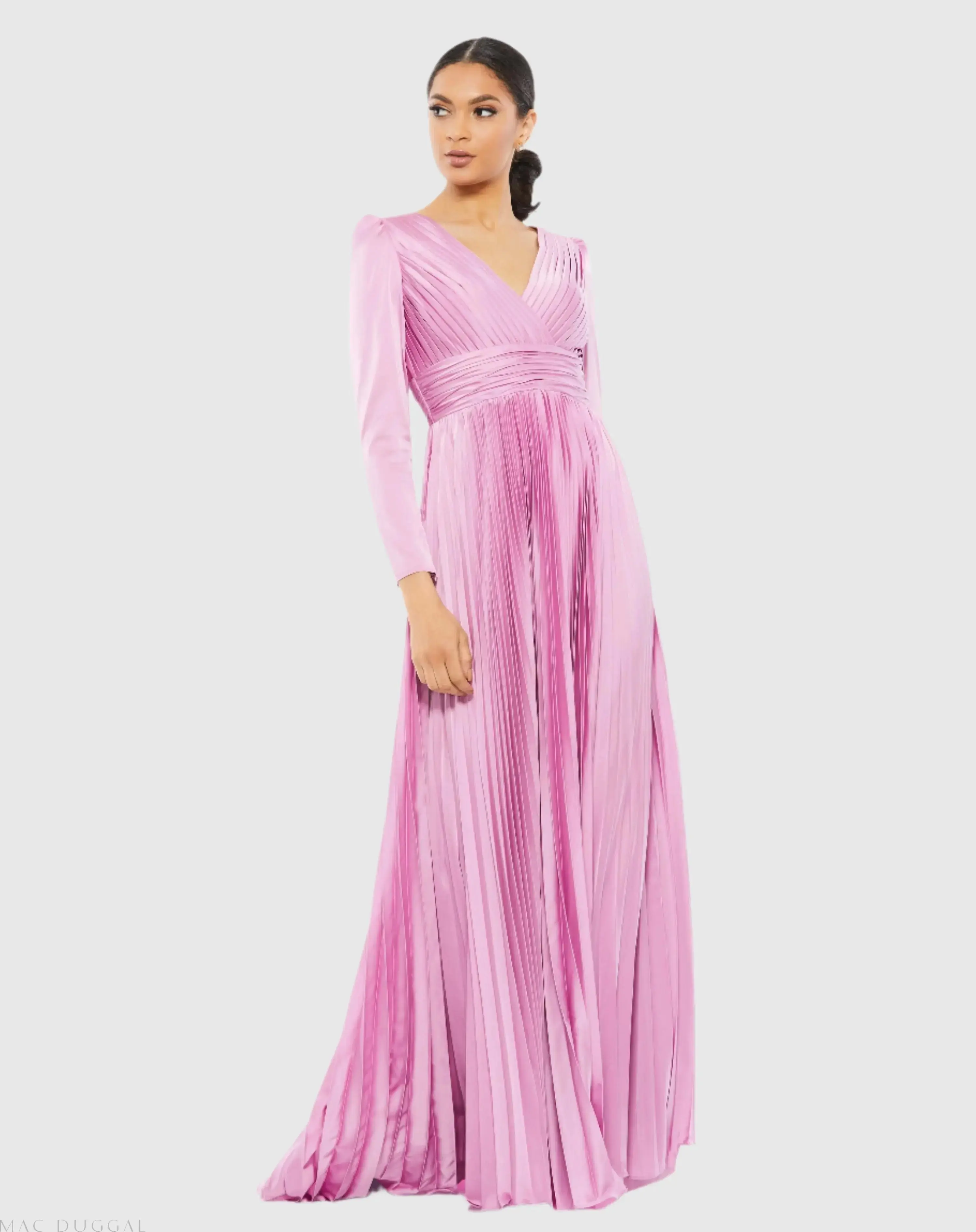 Pleated Long Sleeve V-Neck Gown - Image 4