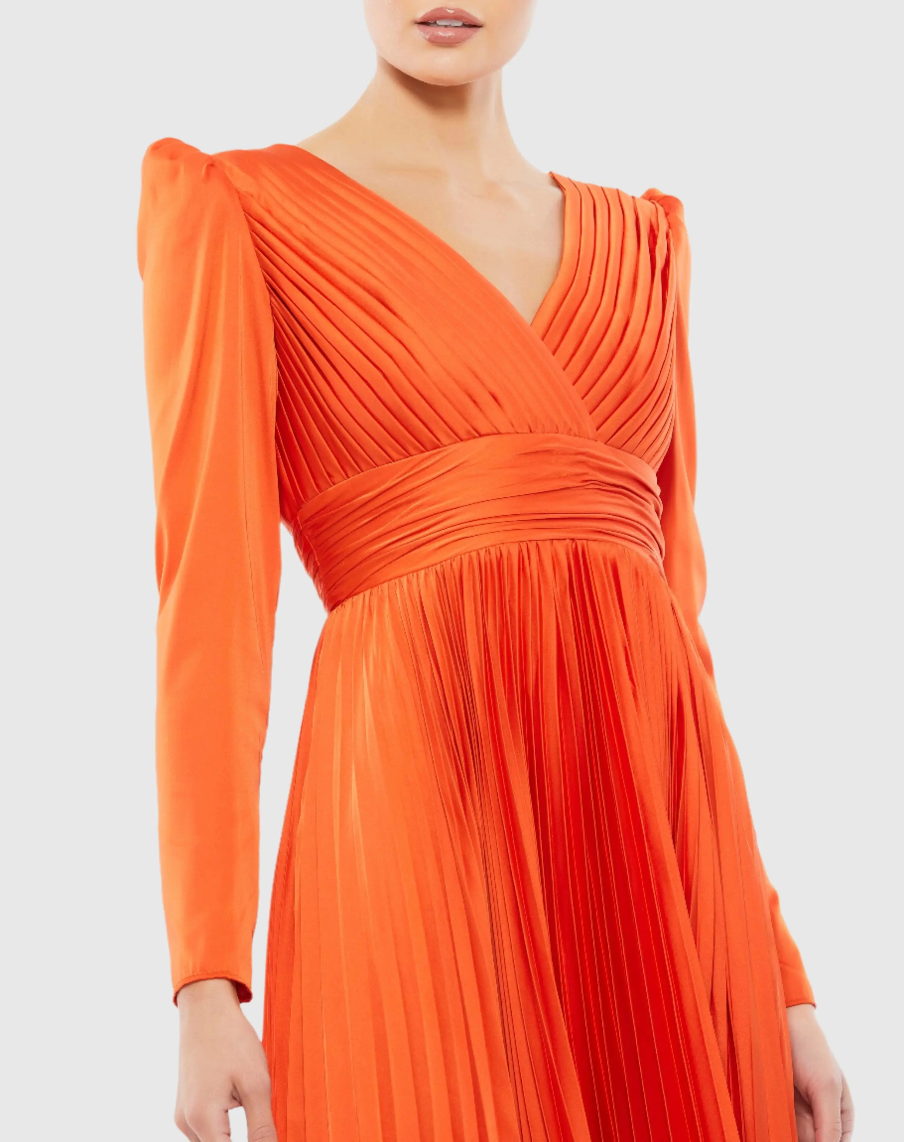 Orange Pleated Long Sleeve V-Neck Gown - Image 2