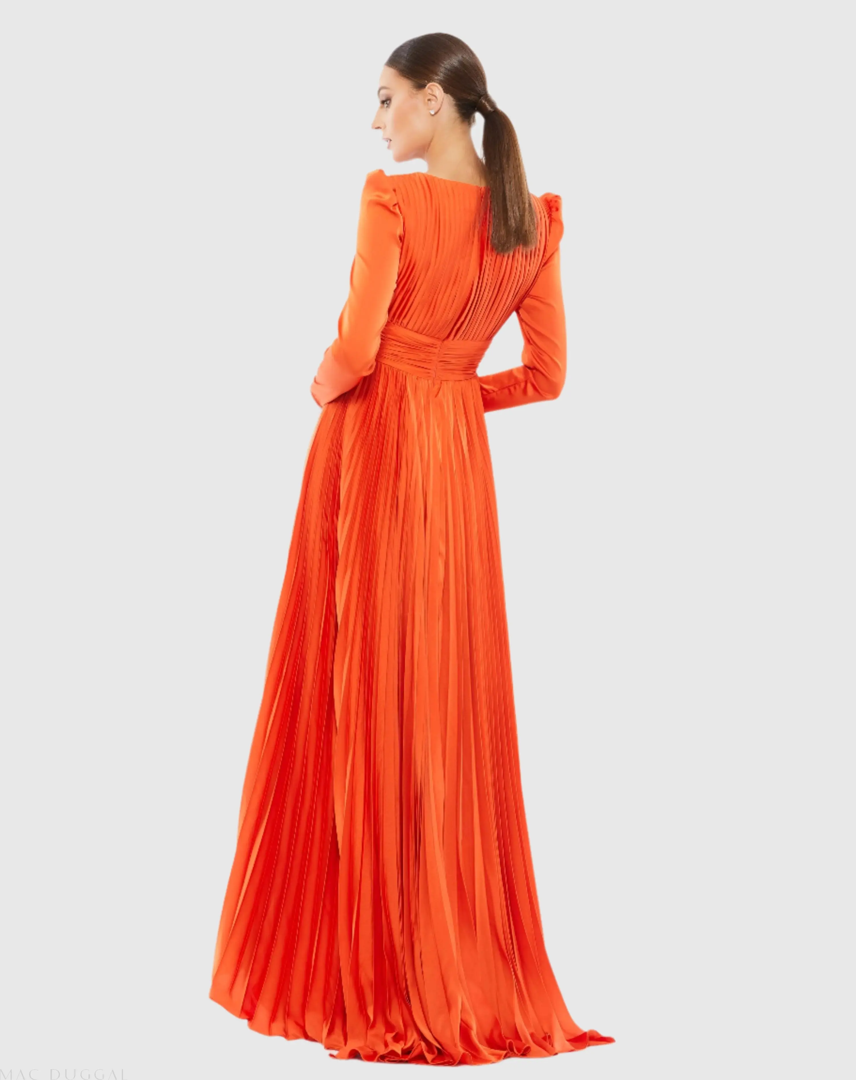 Orange Pleated Long Sleeve V-Neck Gown - Image 3