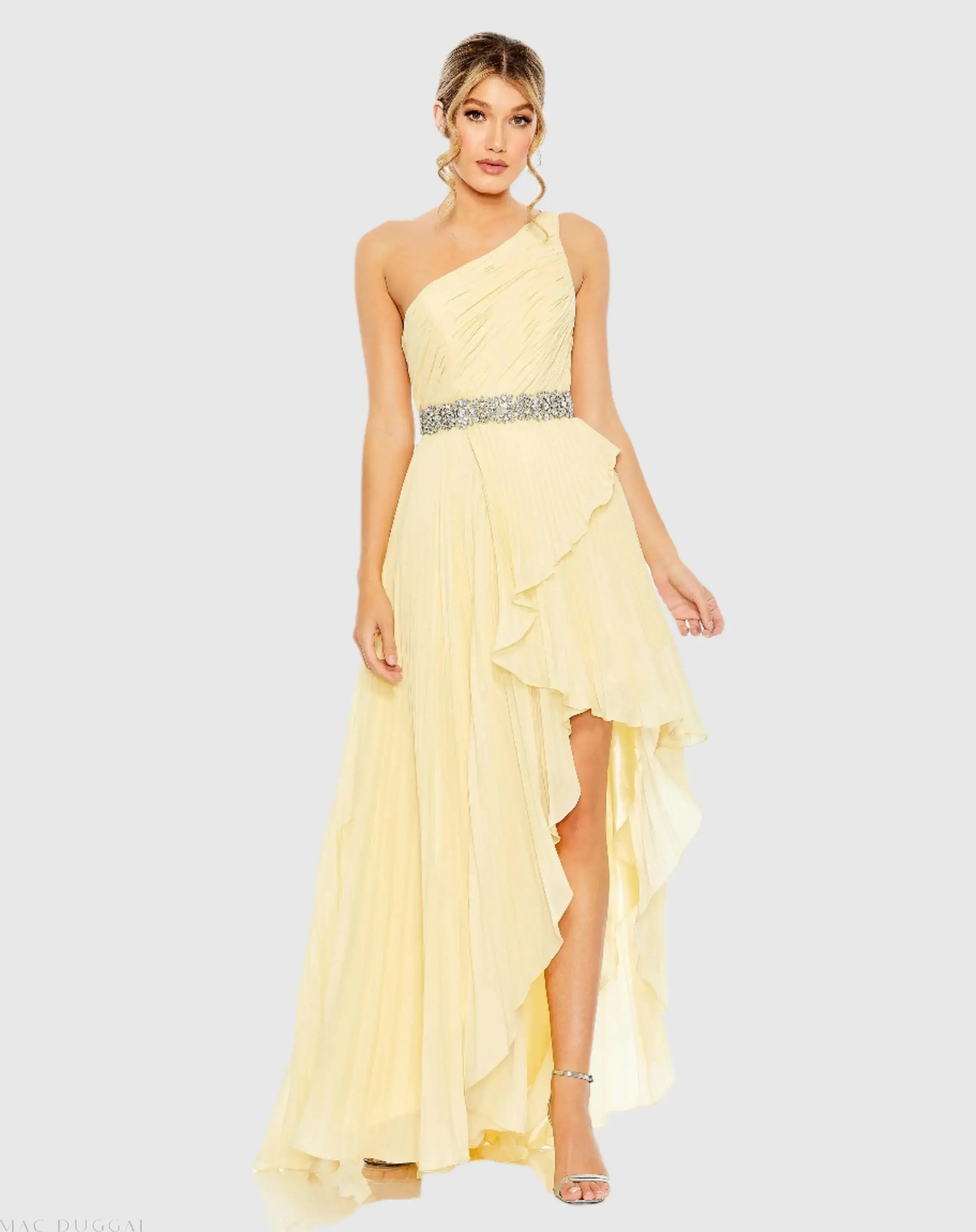 Pleated One Shoulder Asymmetrical Ruffle Hem Gown - Image 2