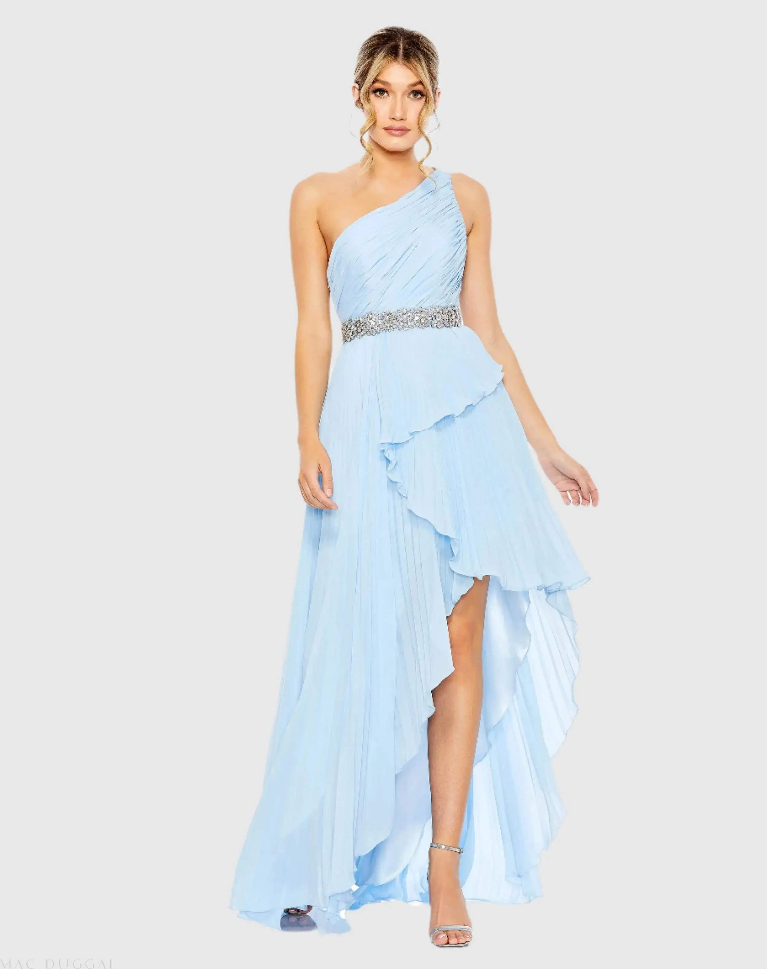 Pleated One Shoulder Asymmetrical Ruffle Hem Gown - Image 3