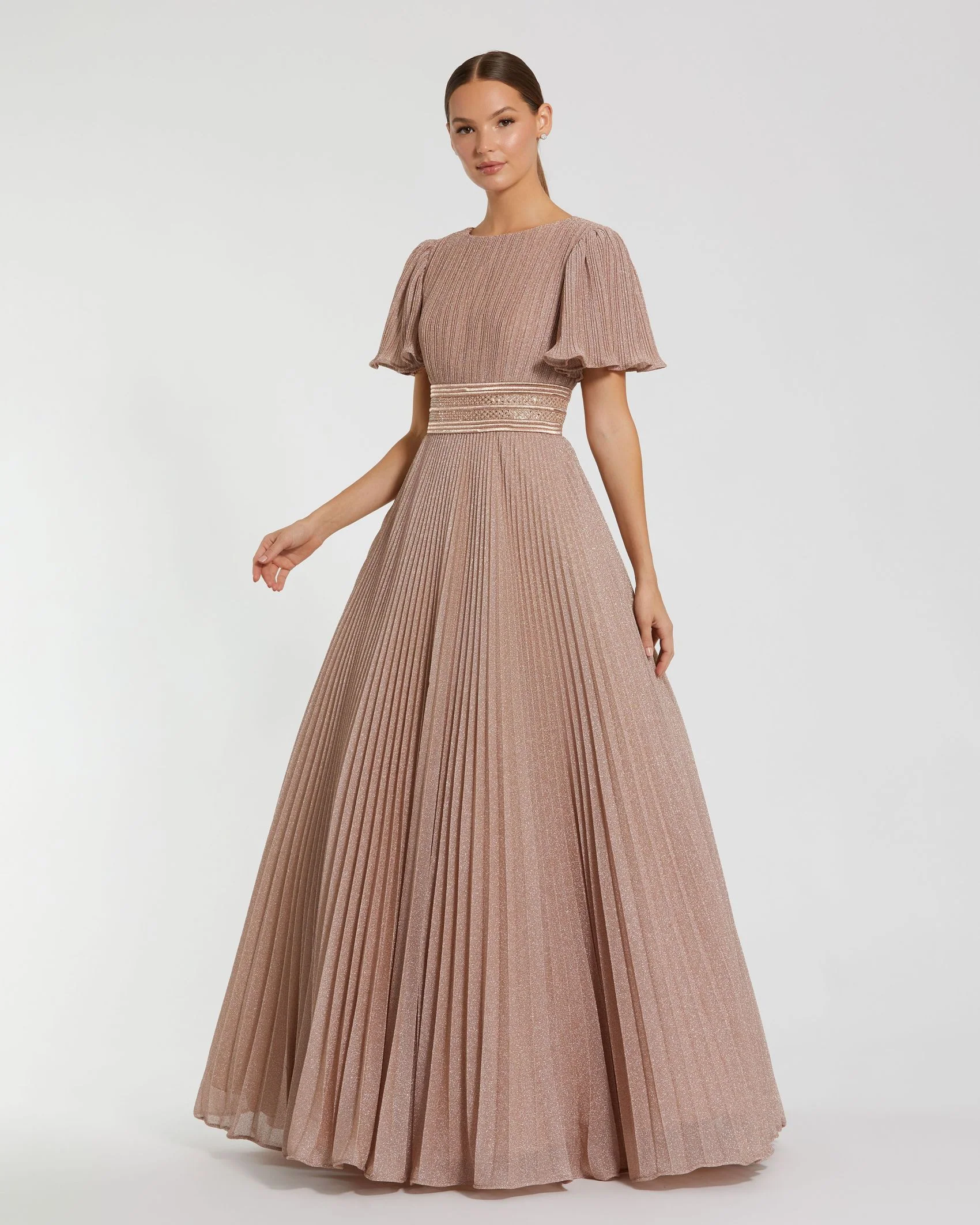 Pleated Shimmering Georgette Flutter Sleeve Gown - Image 2