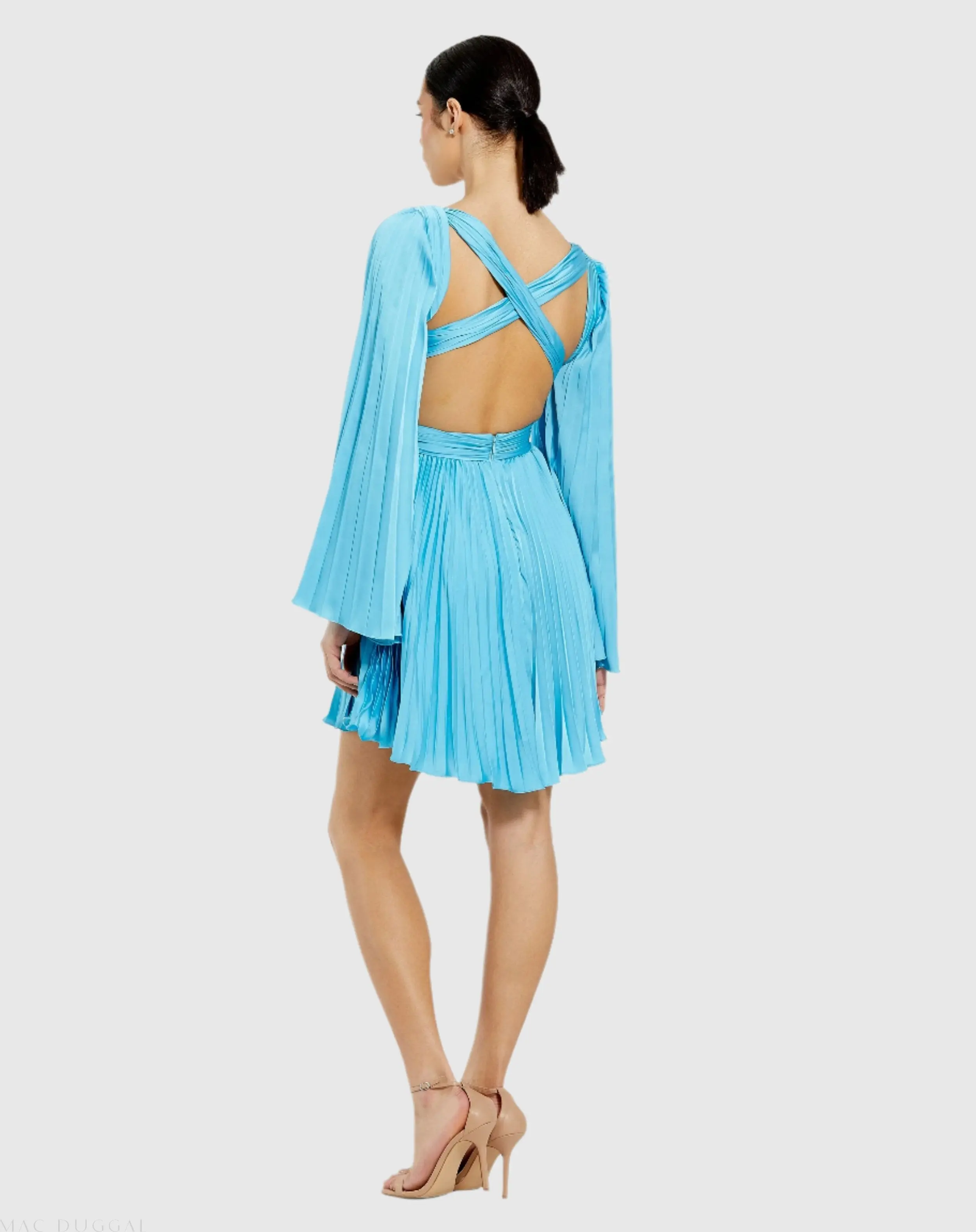 Blue Pleated V-Neck Cutout Long Sleeve Mini Dress - FINAL SALE - Image 3