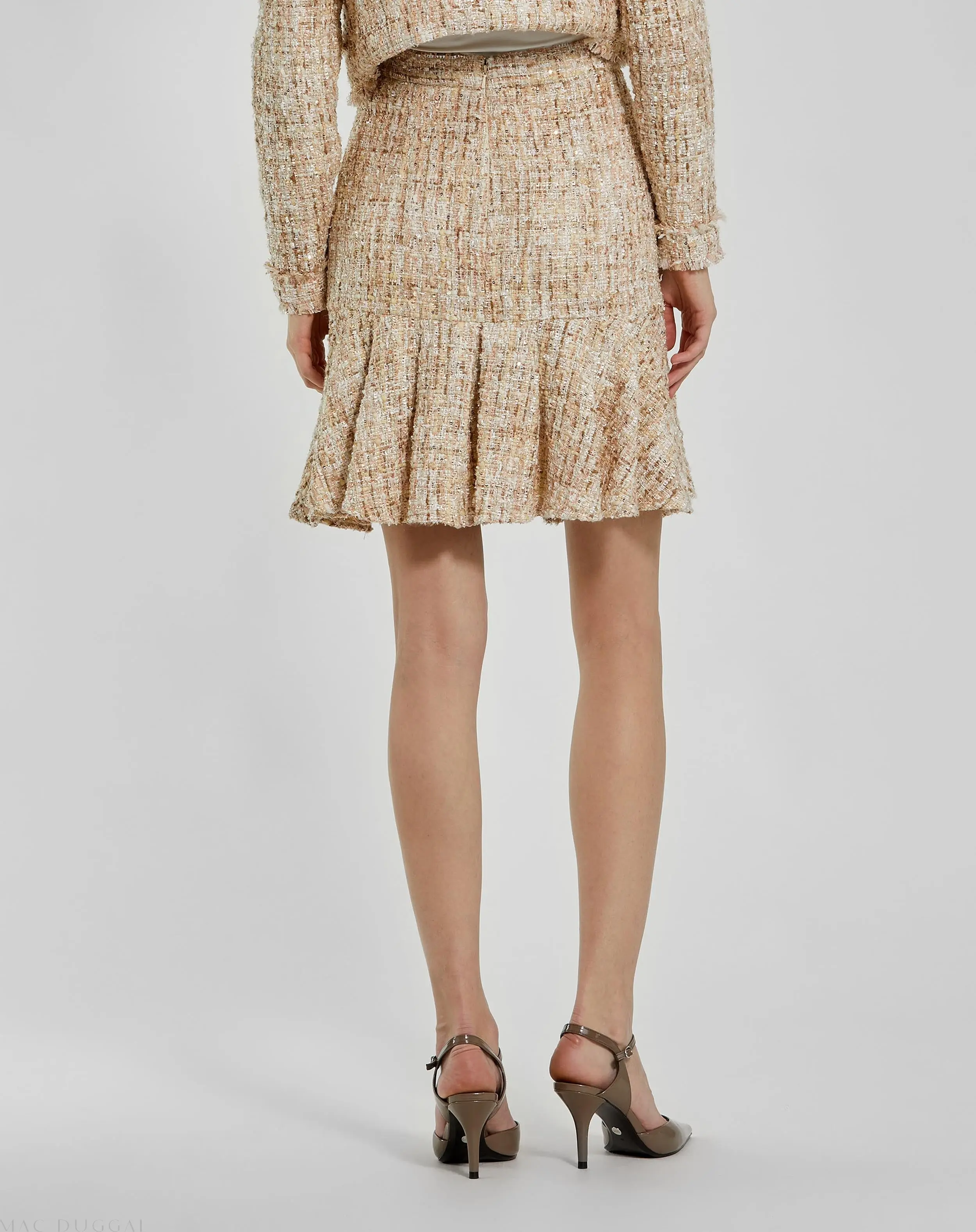 Beige High Waist Box Pleat Boucle Mini Skirt - Image 3
