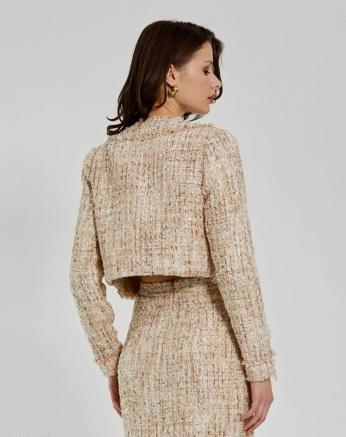 Beige Long Sleeve Cropped Boucle Jacket - Image 3