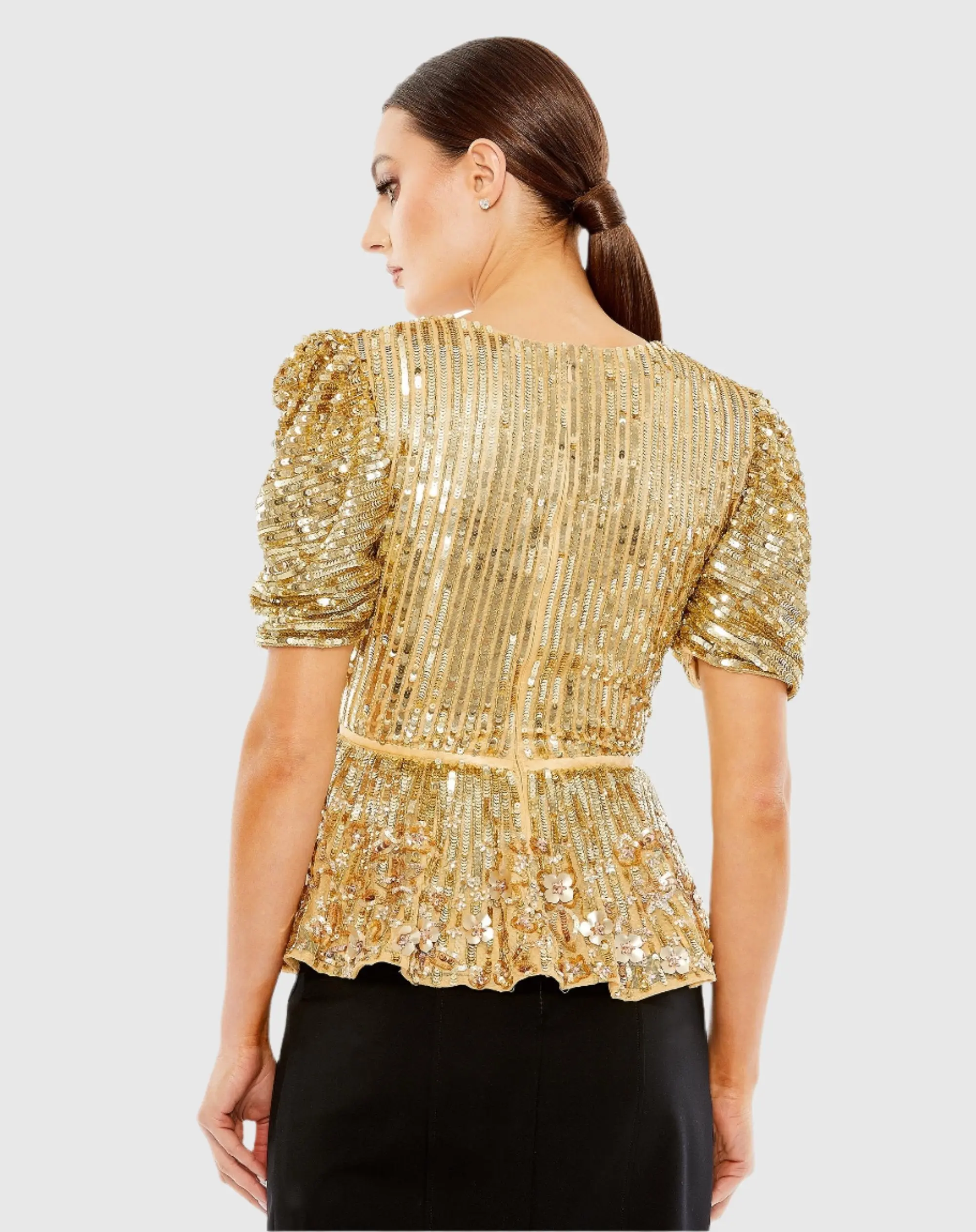 Gold Sequined Puff Sleeve Faux Wrap Top - FINAL SALE - Image 3