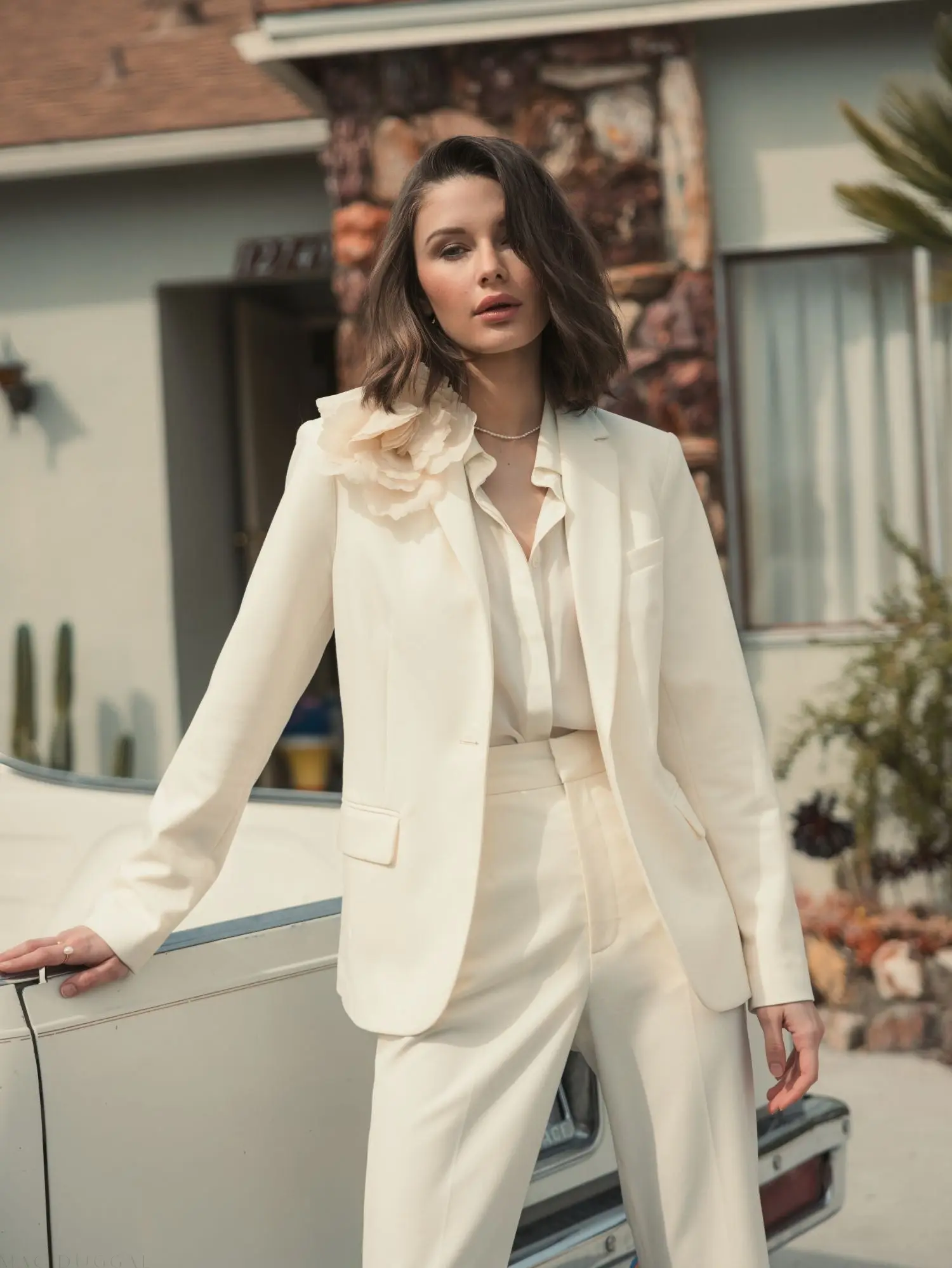 Ivory Classic Crepe Blazer Jacket With Flower - FINAL SALE - Image 5