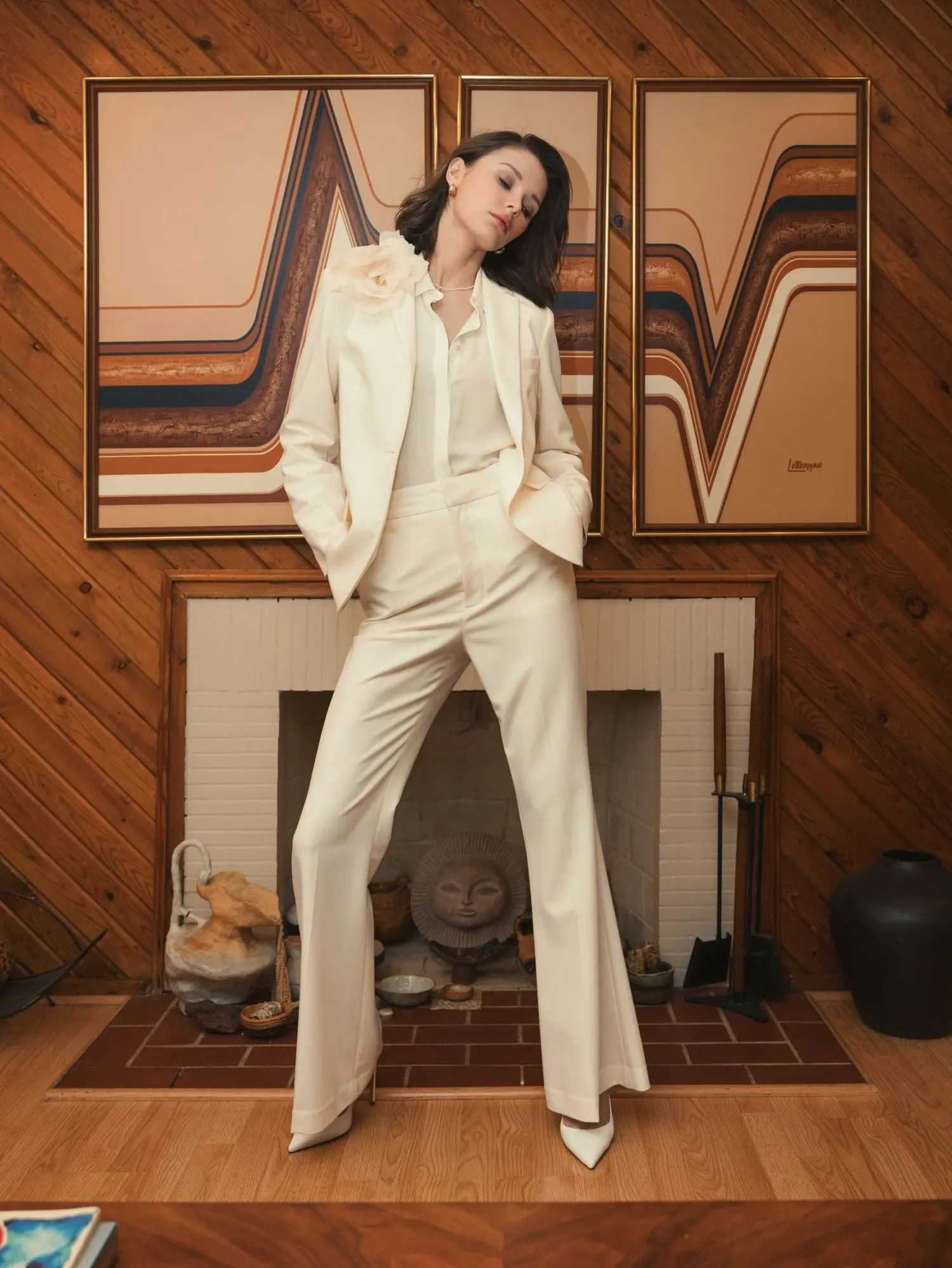 Ivory Classic Crepe Blazer Jacket With Flower - FINAL SALE - Image 6