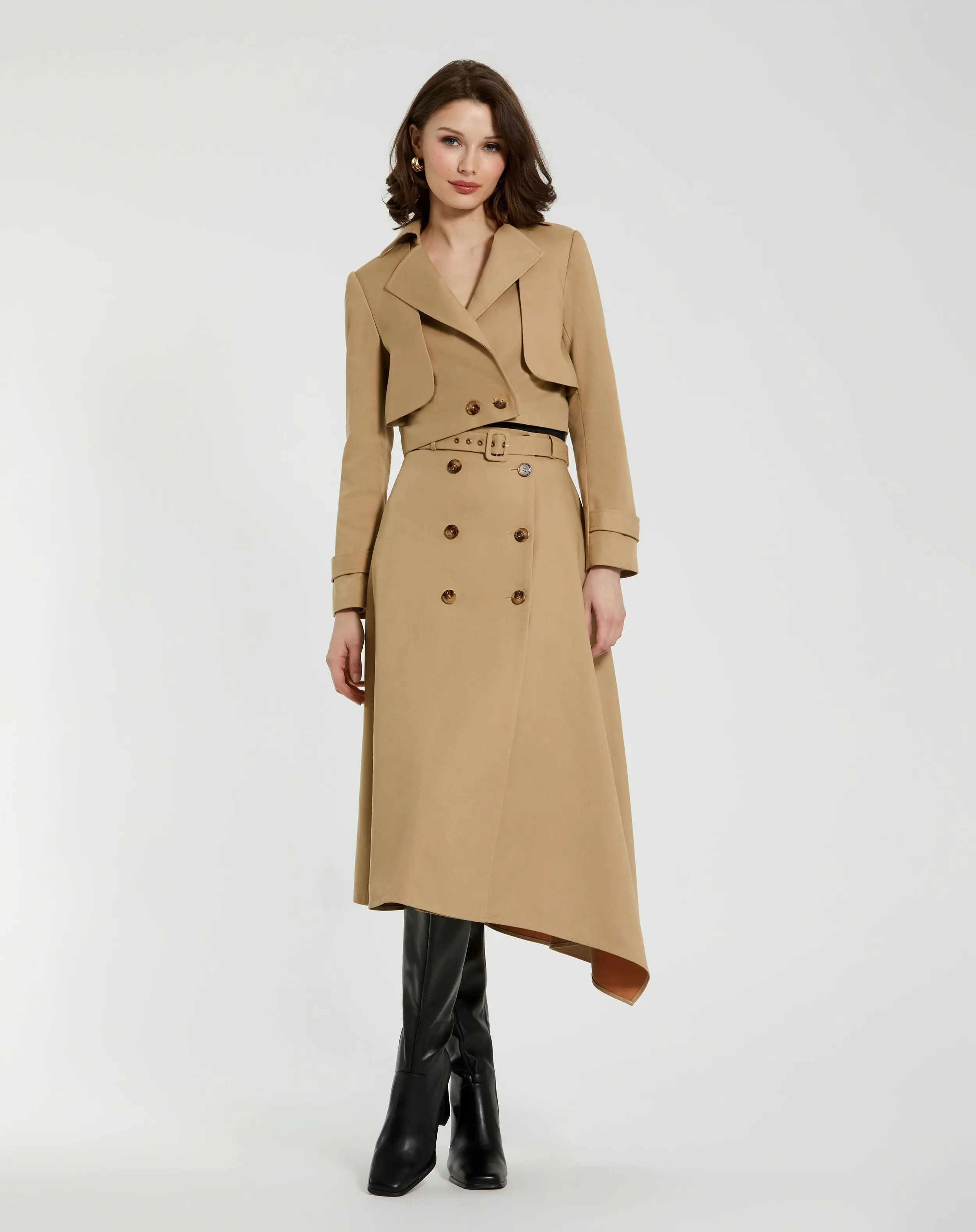 Beige Twill Cropped Tailored Trench Jacket - Image 3