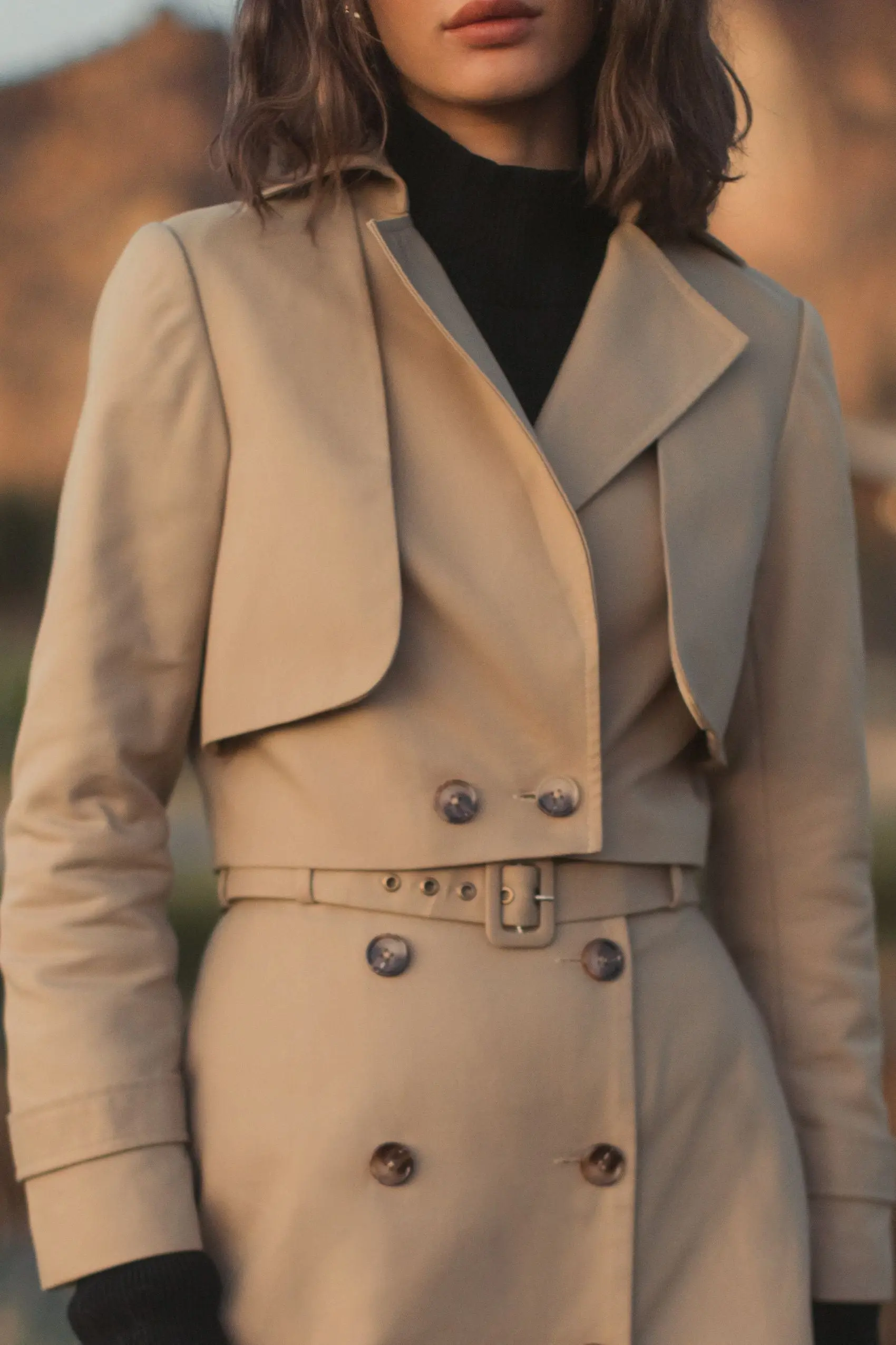 Beige Twill Cropped Tailored Trench Jacket - Image 6
