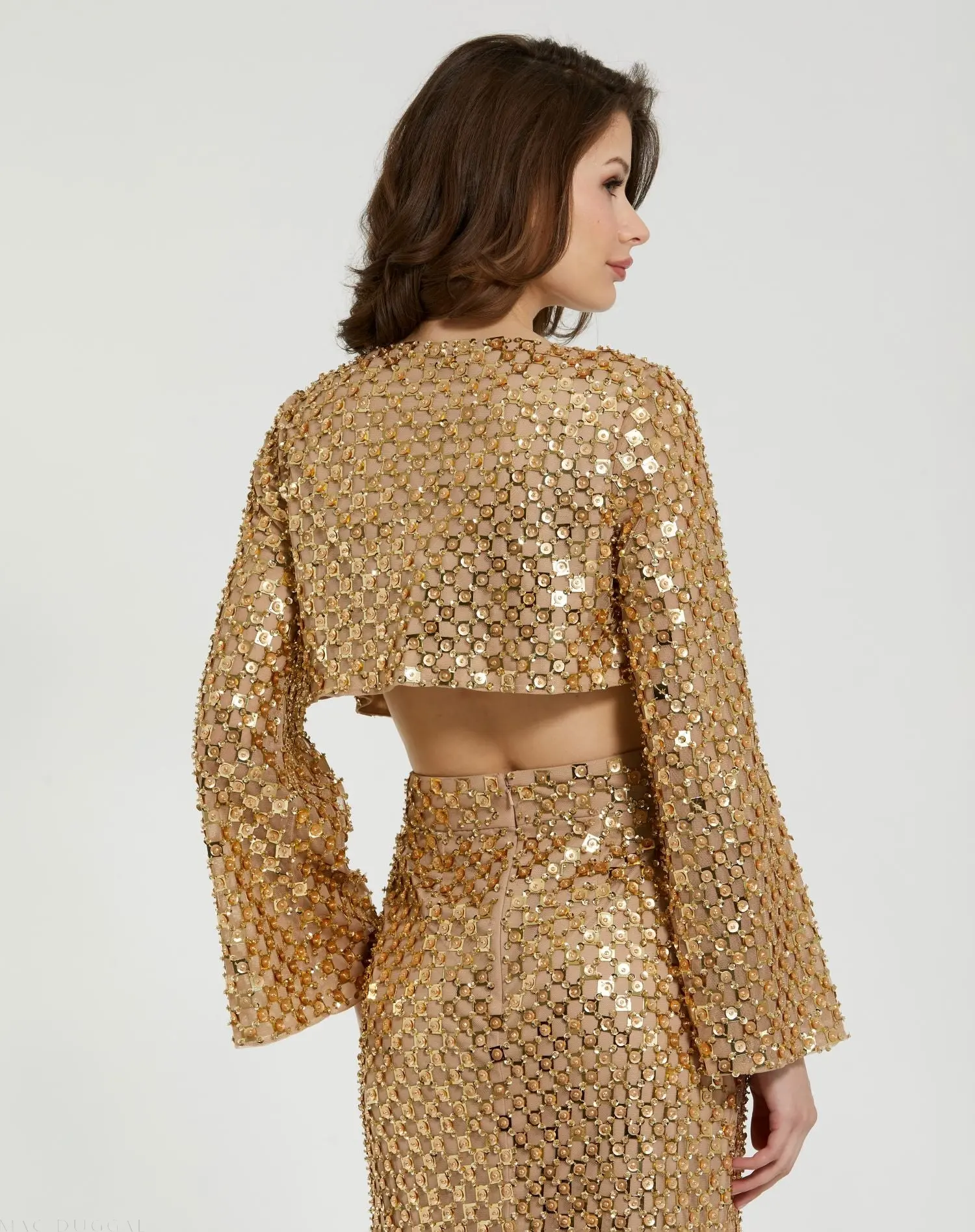 Gold Beaded Sequin Georgette Long Sleeve Cardigan - Image 3