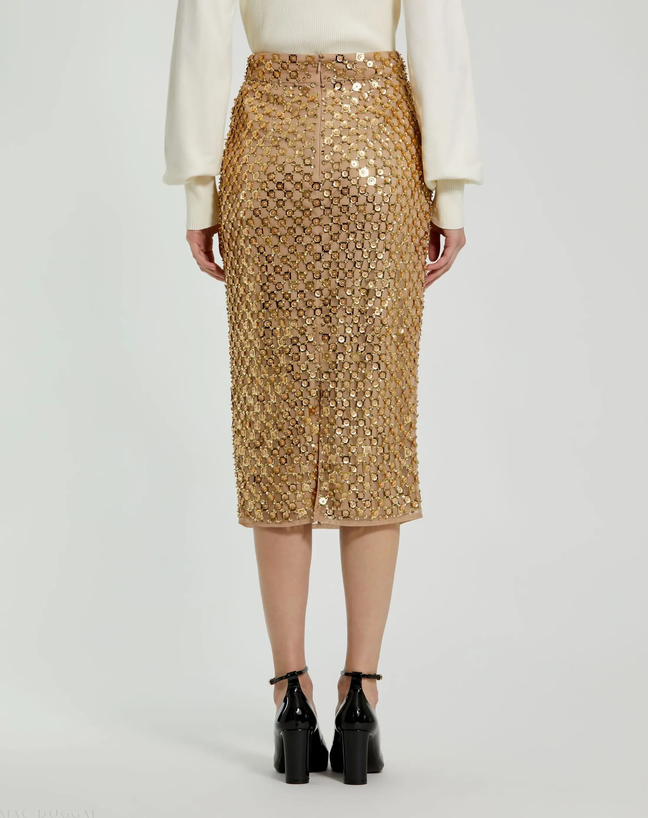 Gold Georgette Embellished Fitted Midi Pencil Skirt - Image 3