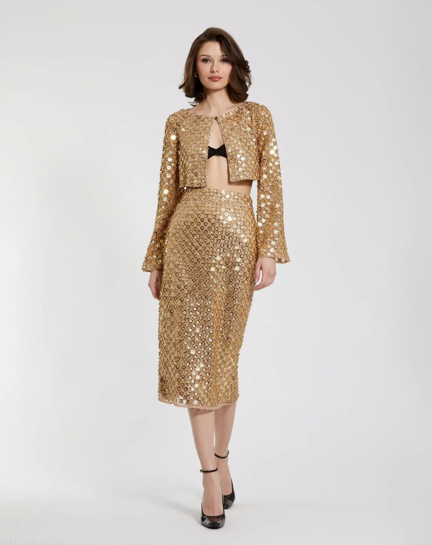 Gold Georgette Embellished Fitted Midi Pencil Skirt - Image 4