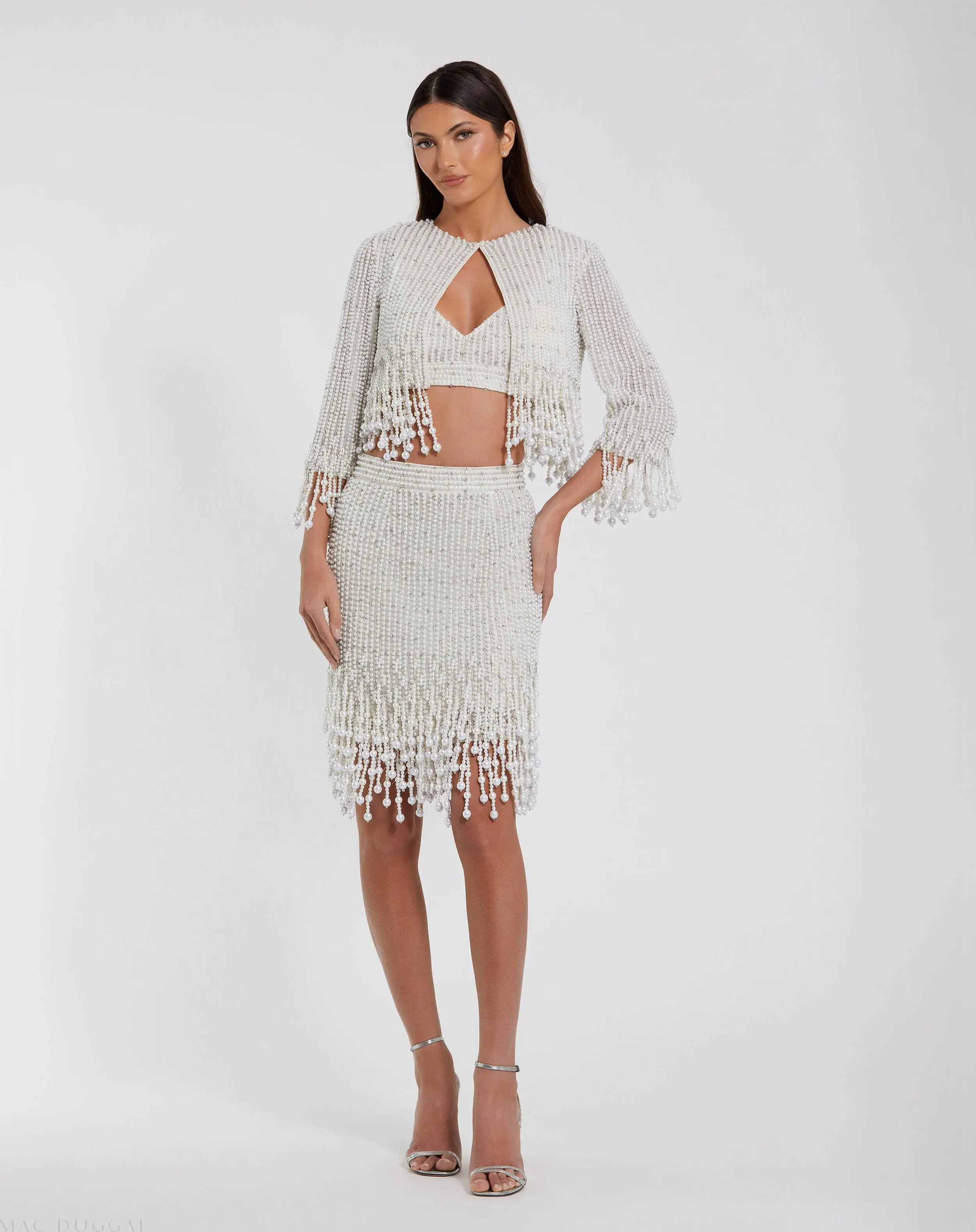 White Pearl Beaded Cropped Jacket - Image 3
