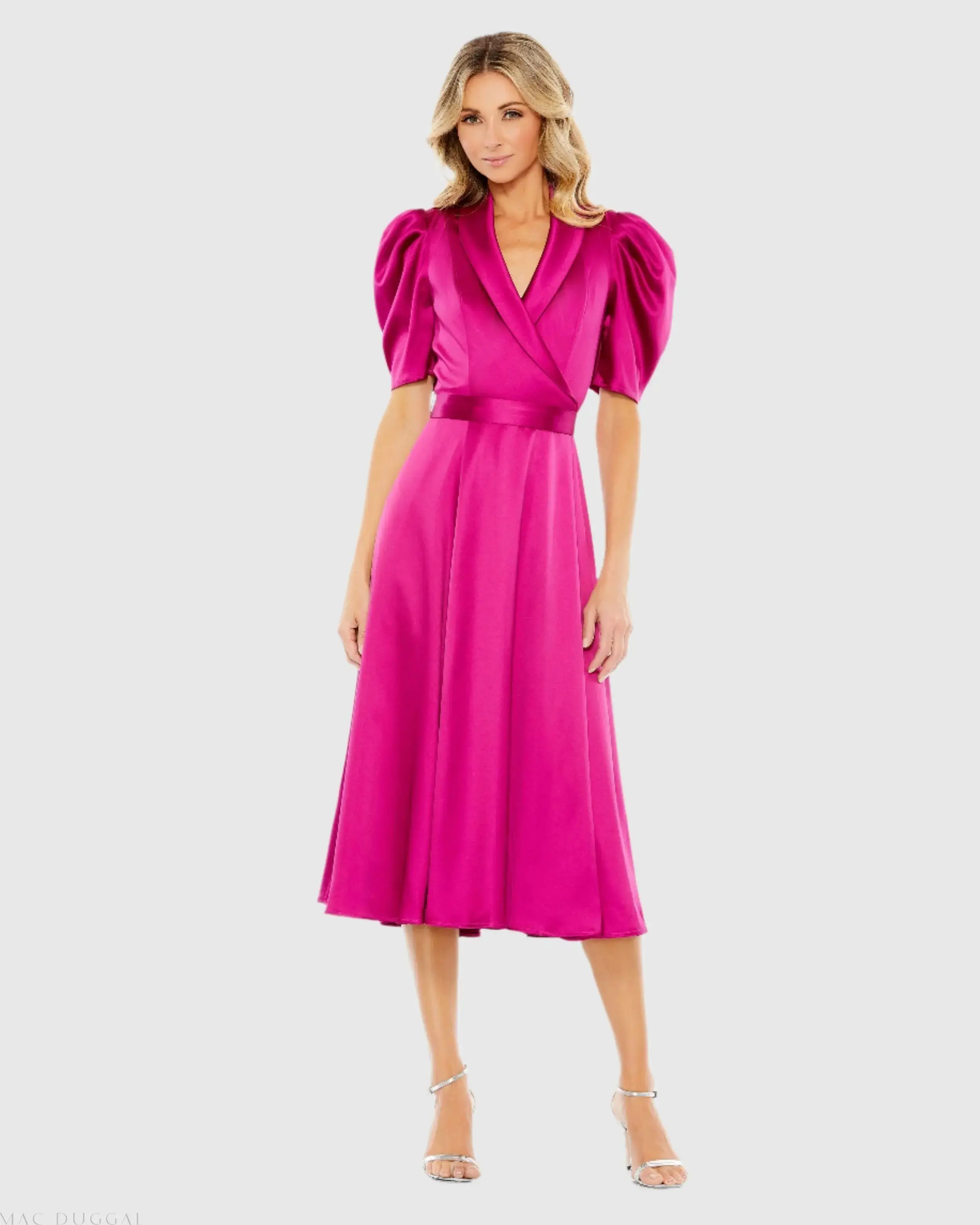 Satin Lapel Puff Sleeve Tea Length Dress - Image 2