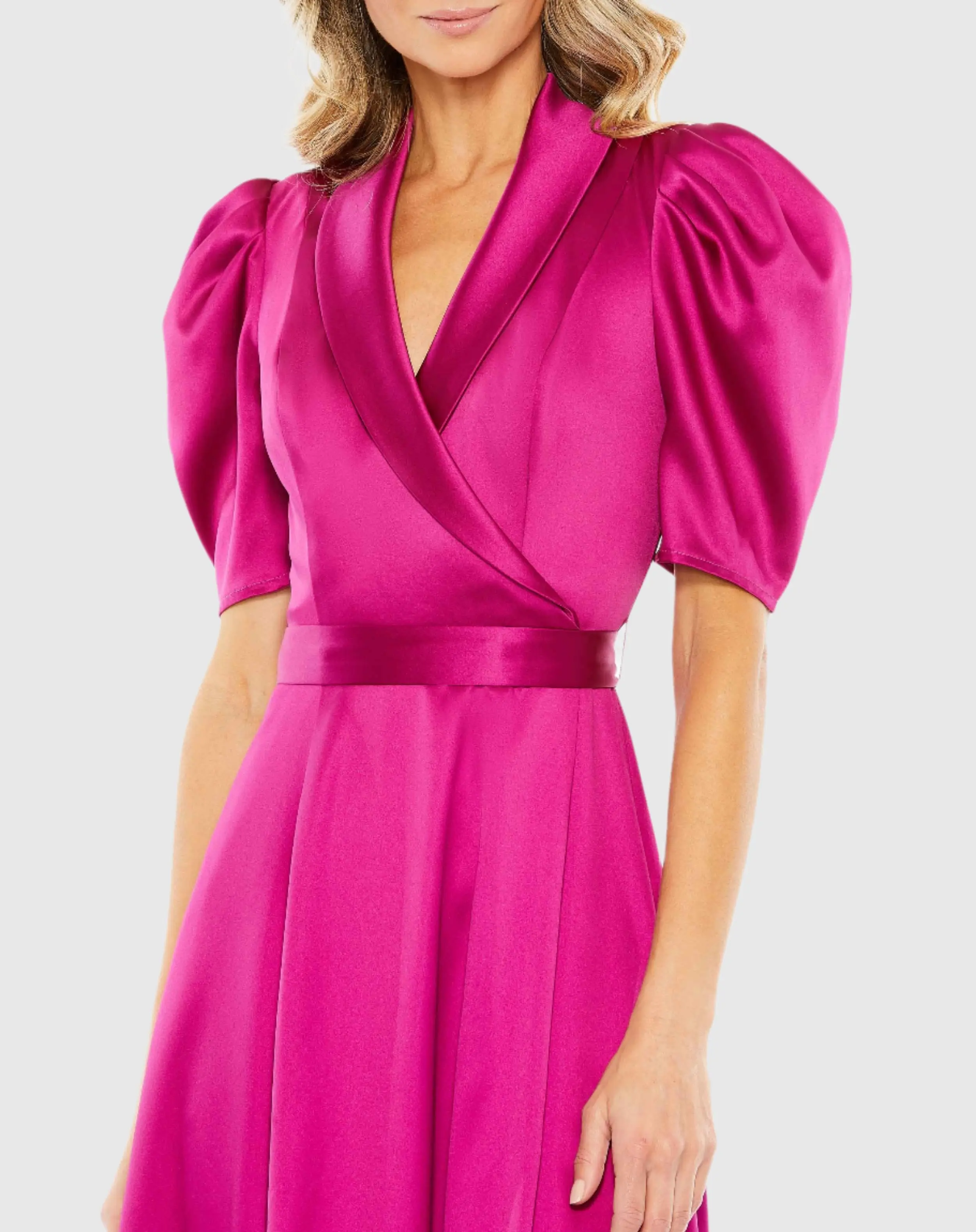 Pink Satin Lapel Puff Sleeve Tea Length Dress - Image 2
