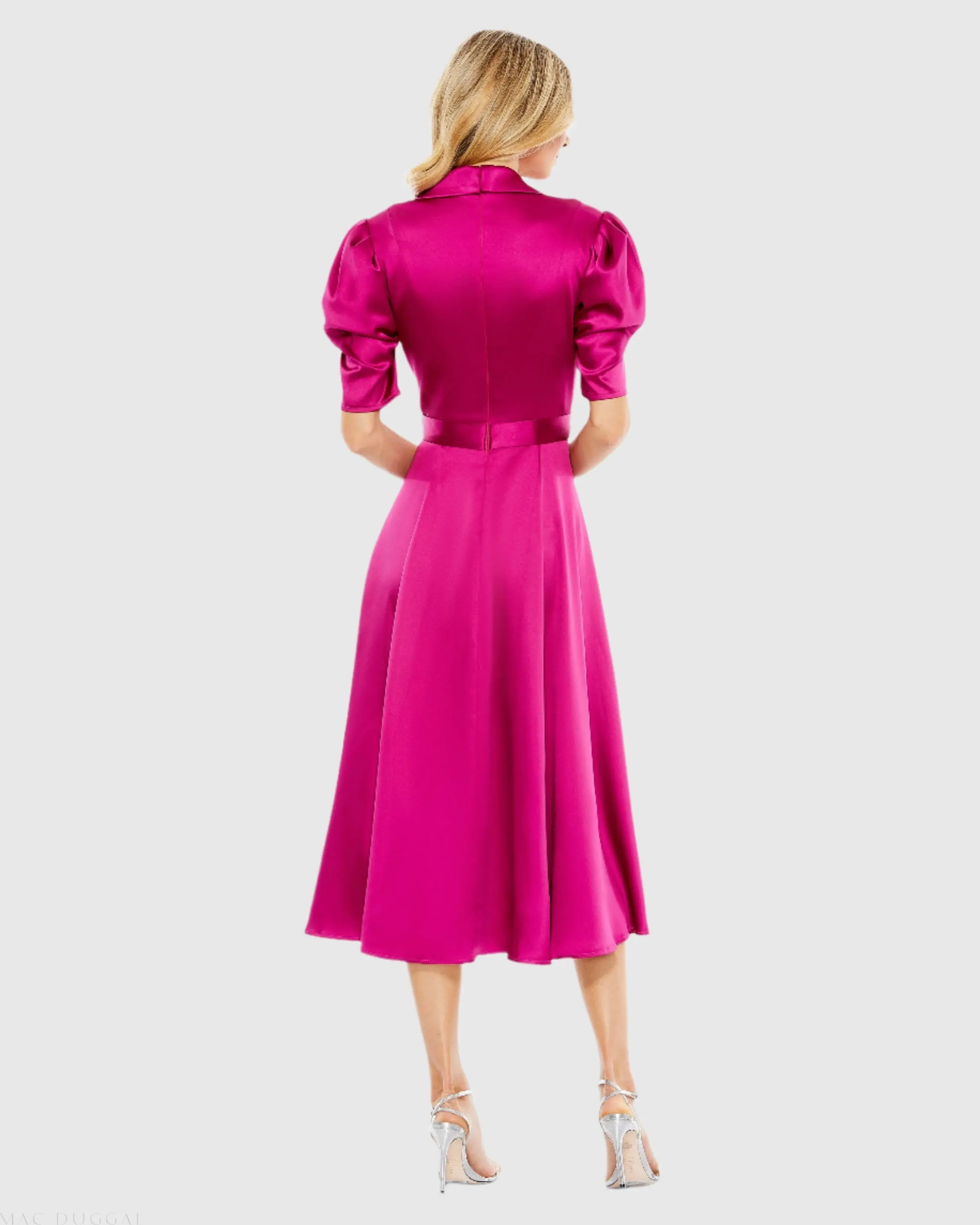 Pink Satin Lapel Puff Sleeve Tea Length Dress - Image 3