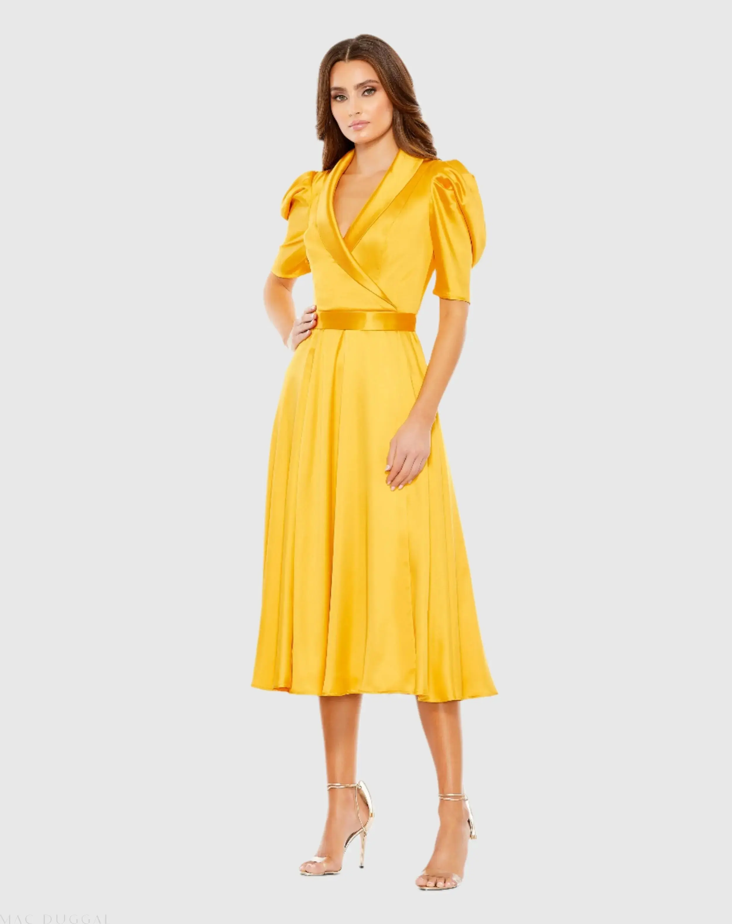 Satin Lapel Puff Sleeve Tea Length Dress - Image 3