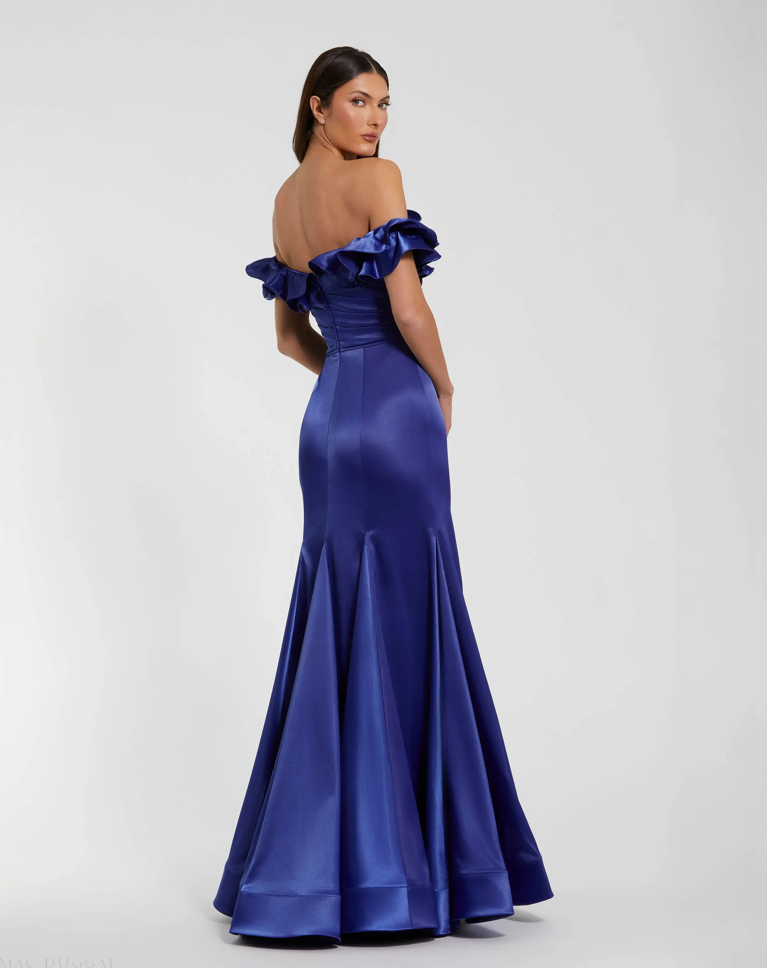 Blue Satin Ruffle Off the Shoulder Mermaid Gown - FINAL SALE - Image 3