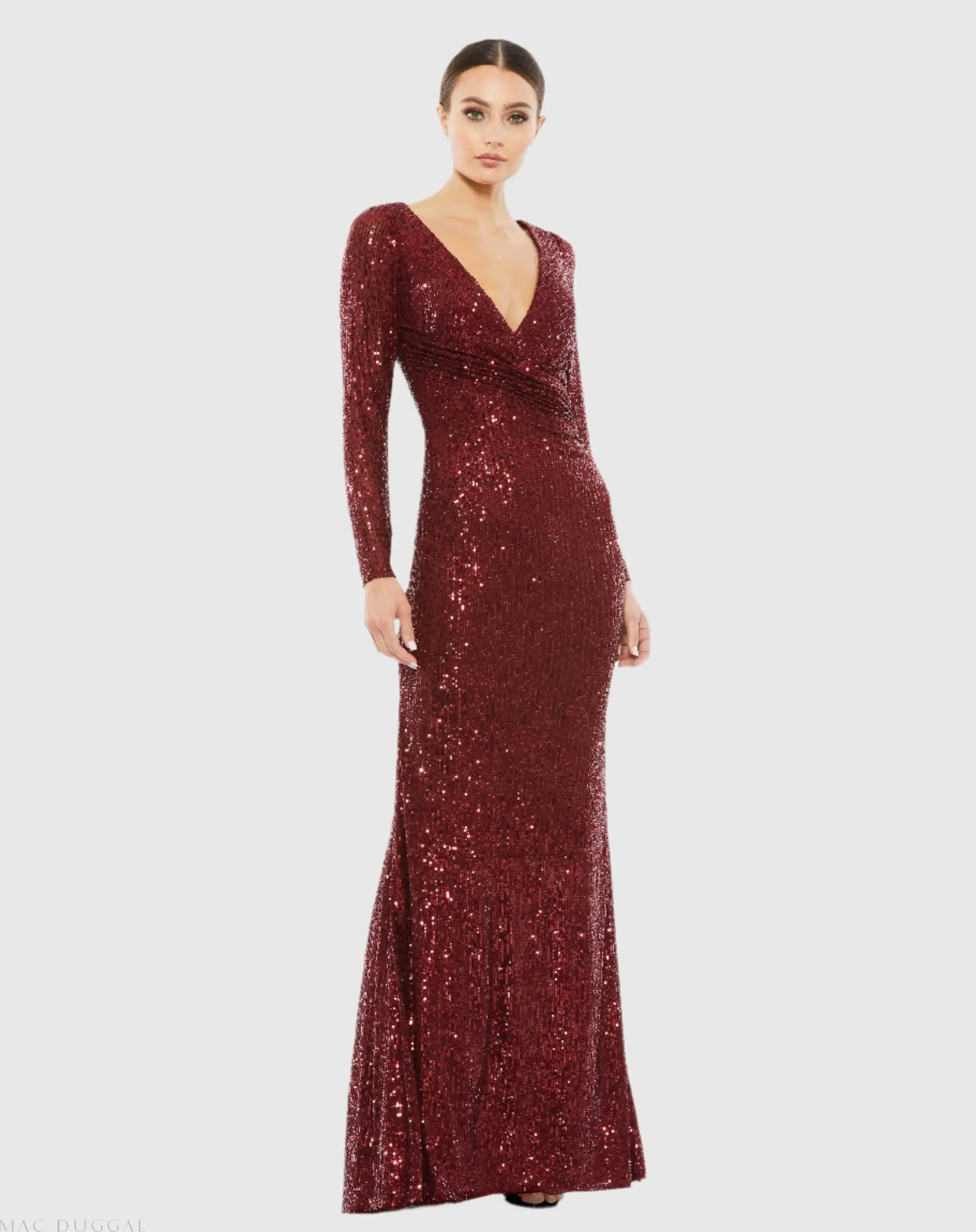 Sequined Faux Wrap Long Sleeve Column Gown - Image 2