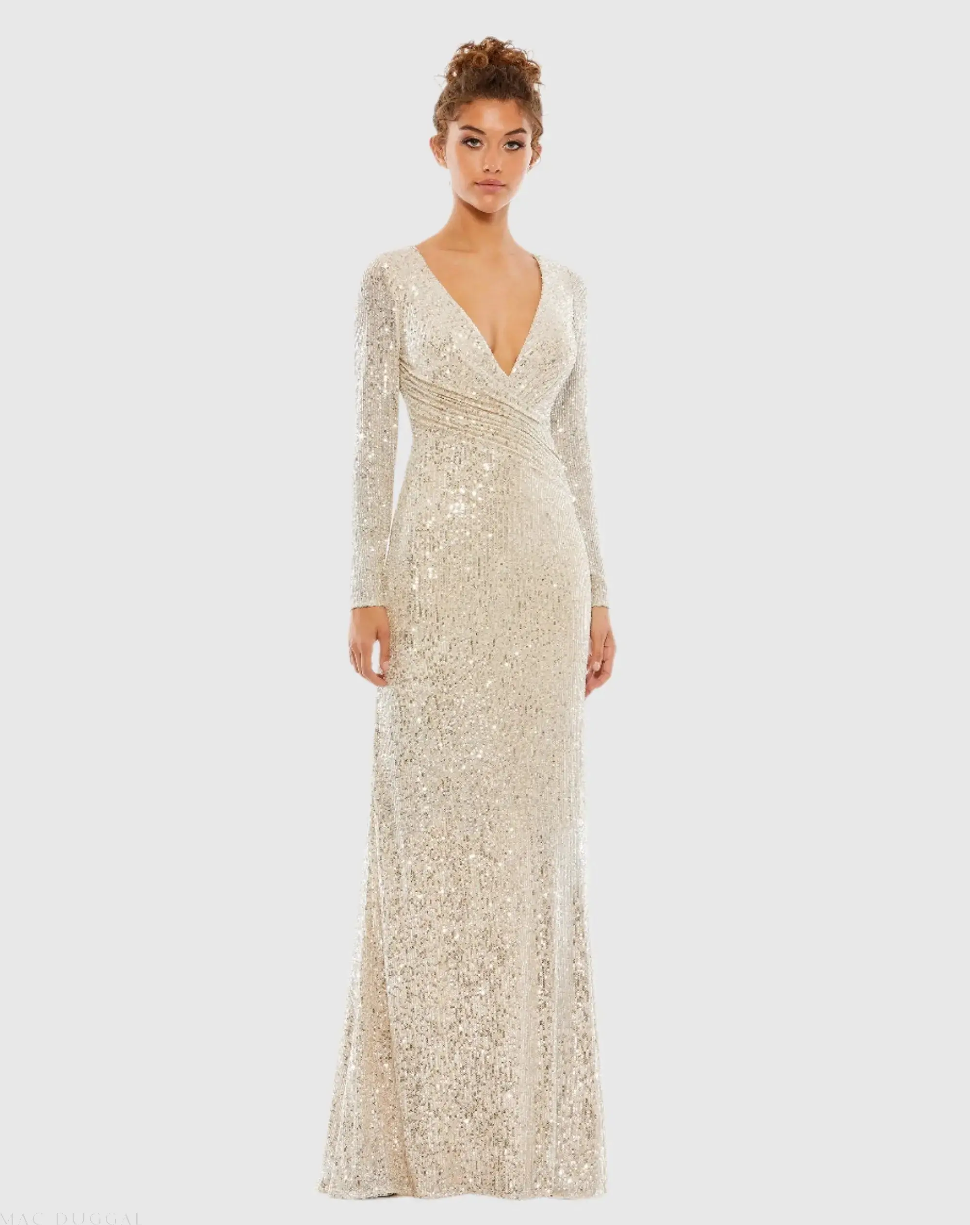 Sequined Faux Wrap Long Sleeve Column Gown - Image 3