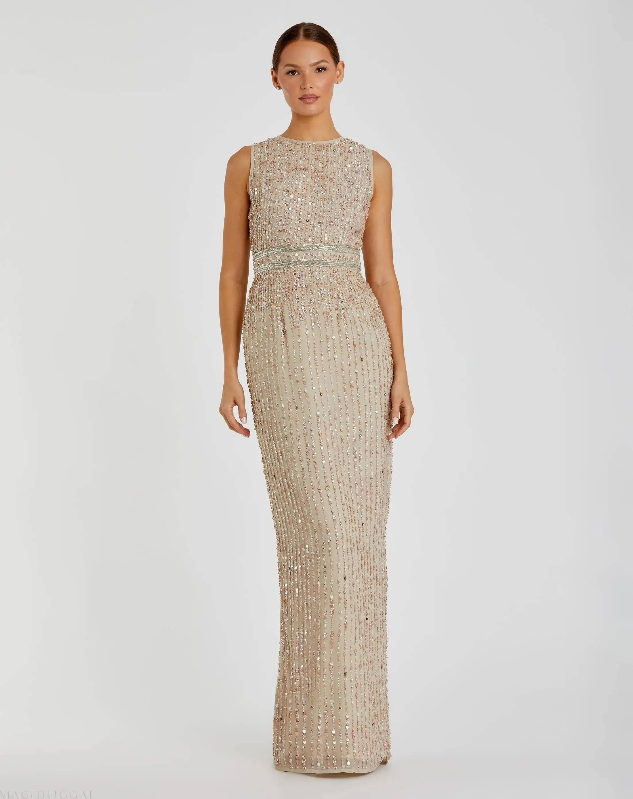 Sequined High Neck Sleeveless Column Gown - Image 2