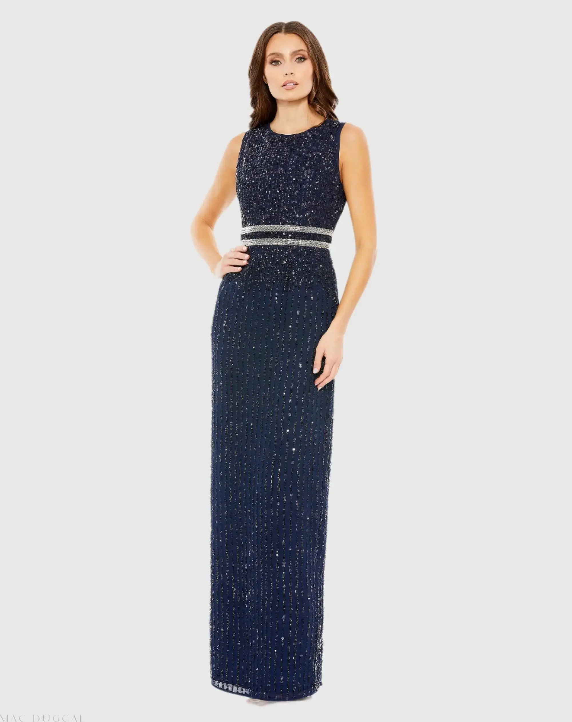 Sequined High Neck Sleeveless Column Gown - Image 3