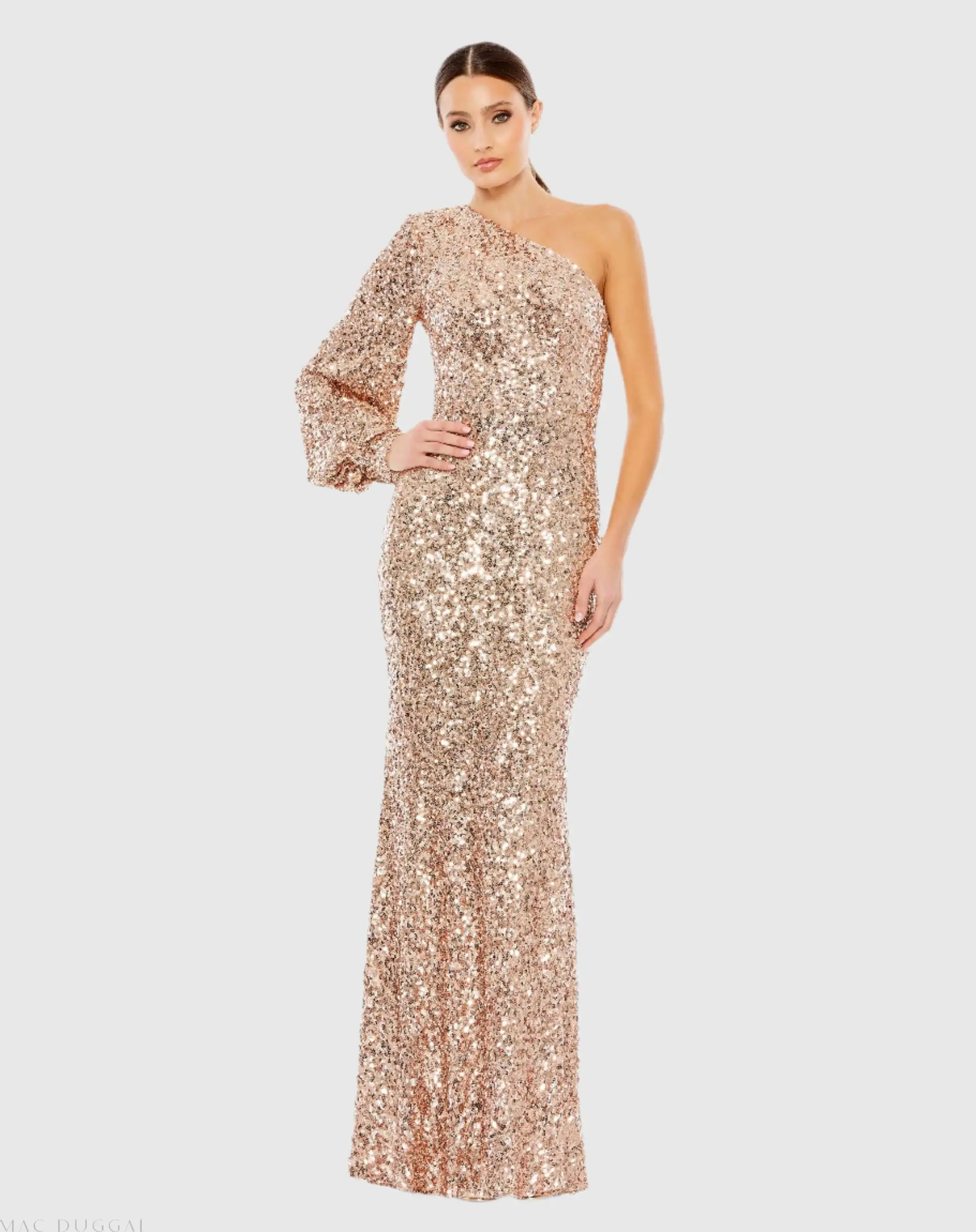 Sequined One Shoulder Bishop Sleeve Trumpet Gown - Image 4