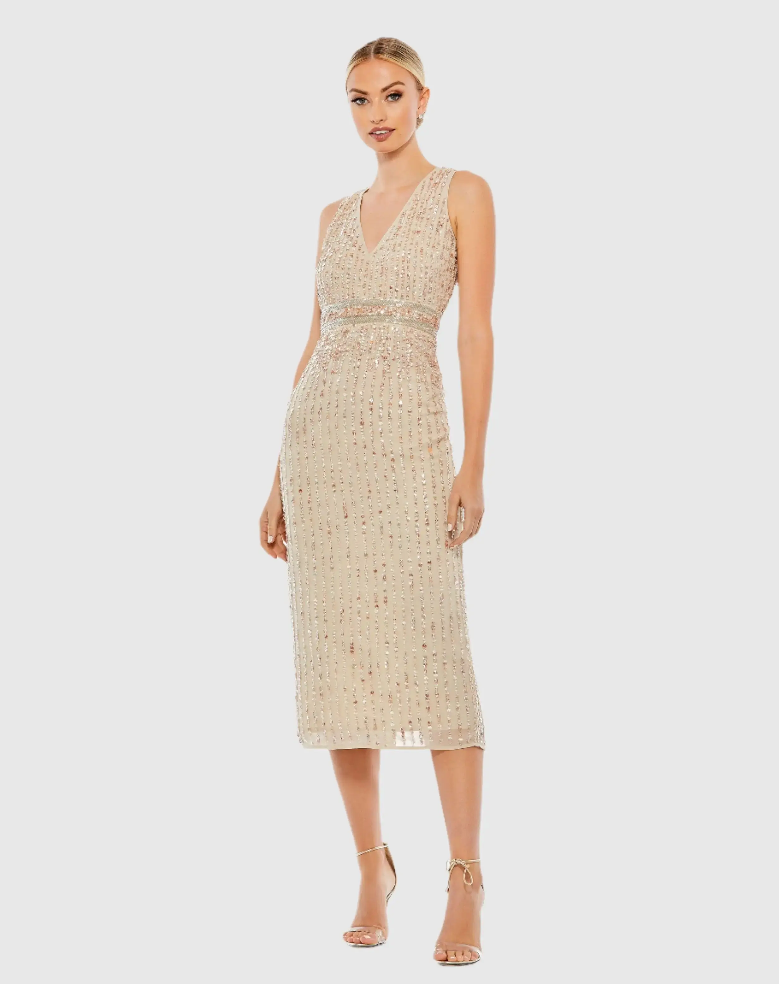 Beige Sequined Sleeveless V-Neck Midi Sheath Dress - FINAL SALE