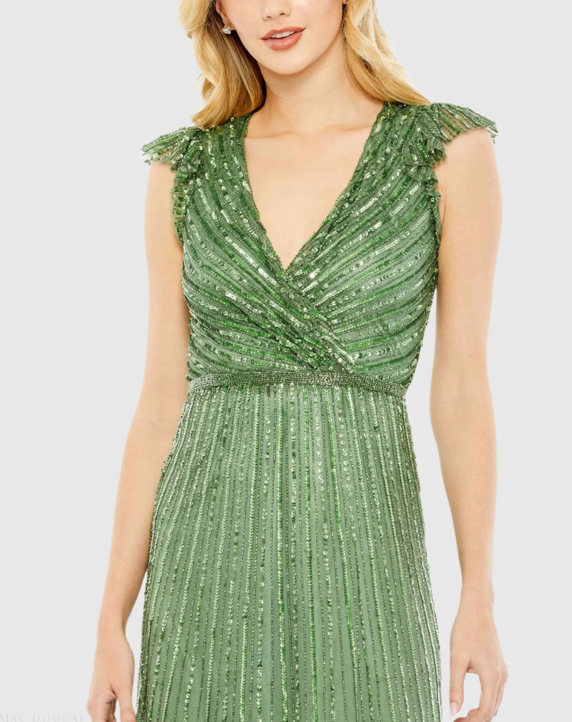 Green Sequined Wrap Over Cap Sleeve Ruffle Hem Dress - Image 2