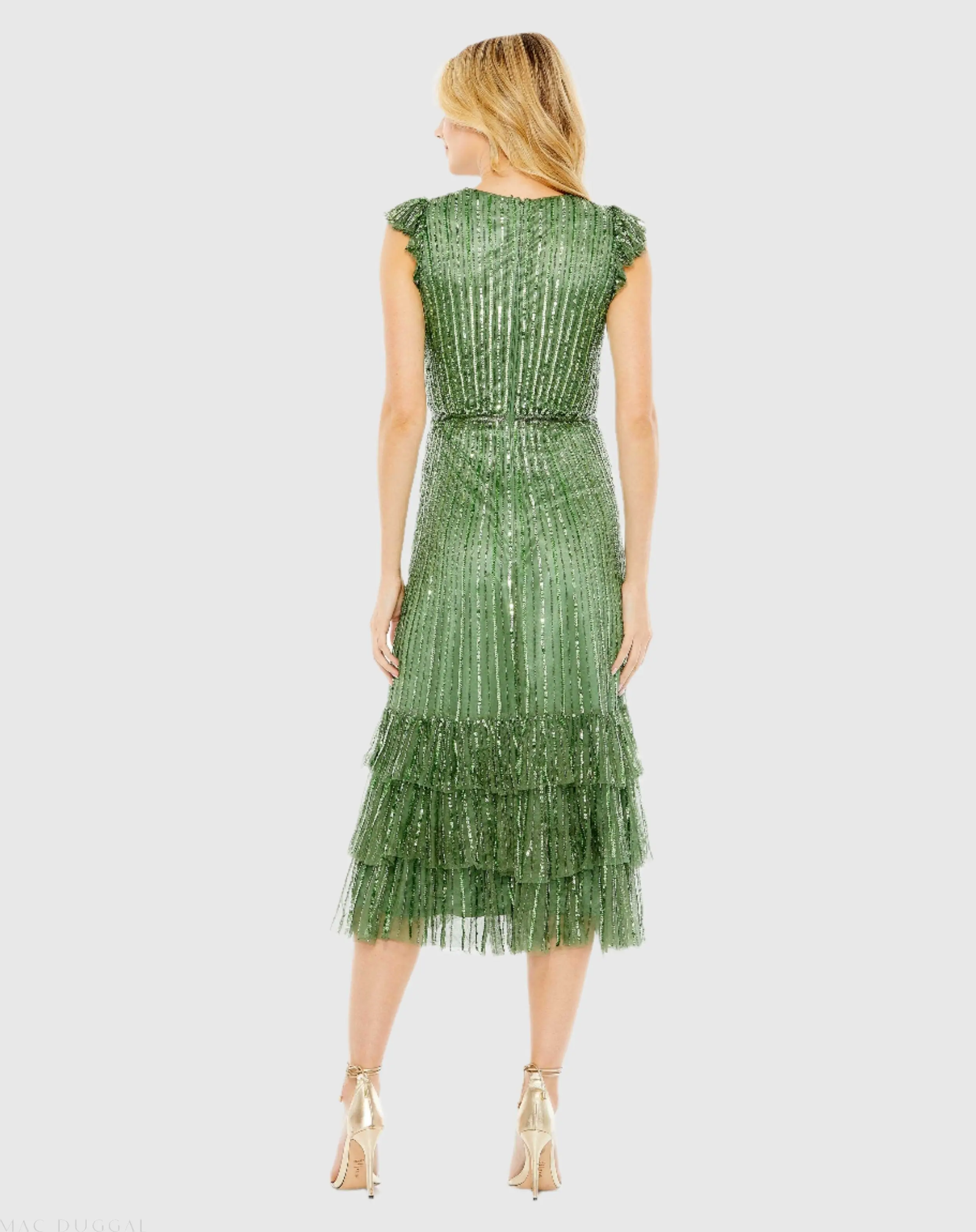 Green Sequined Wrap Over Cap Sleeve Ruffle Hem Dress - Image 3