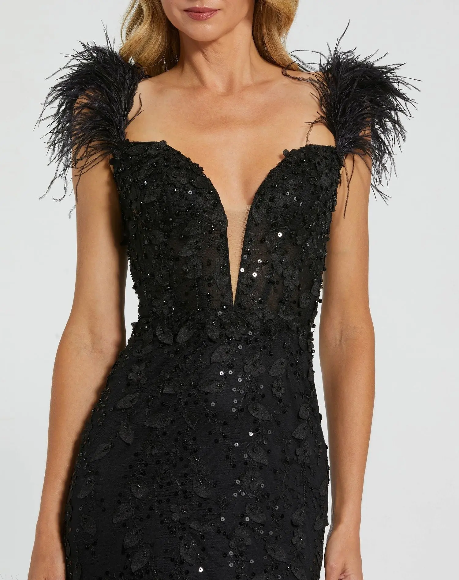 Black Sheer Applique Bustier Gown with Feather Straps - Image 2