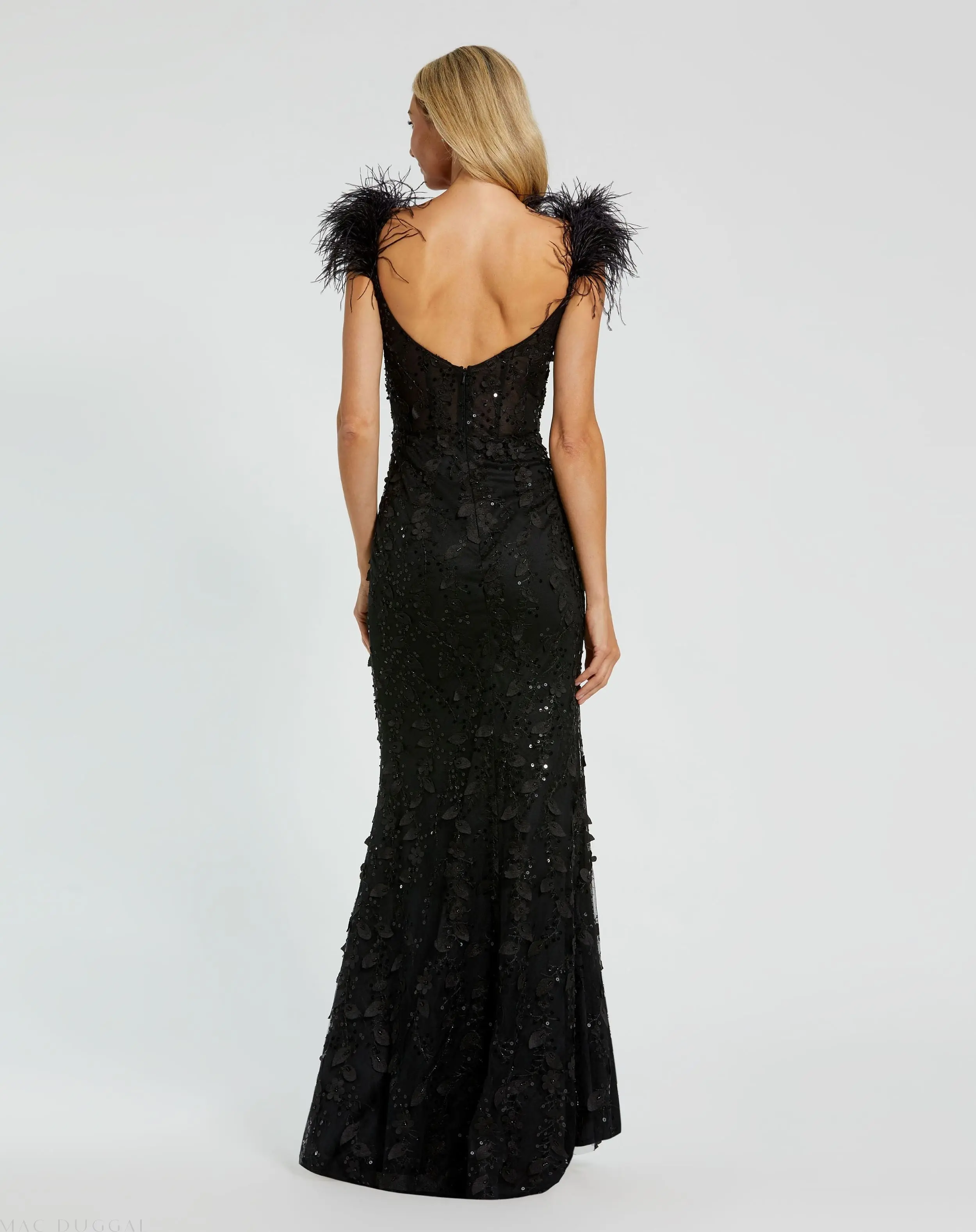 Black Sheer Applique Bustier Gown with Feather Straps - Image 3