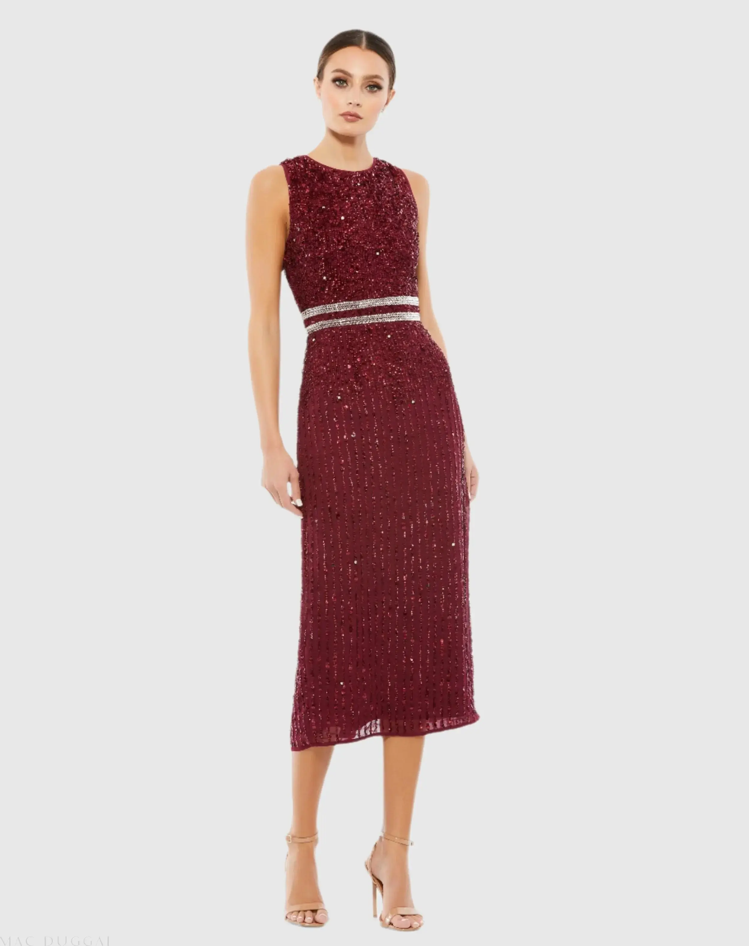 Sleeveless High Neck Beaded Midi Sheath Dress - Image 4