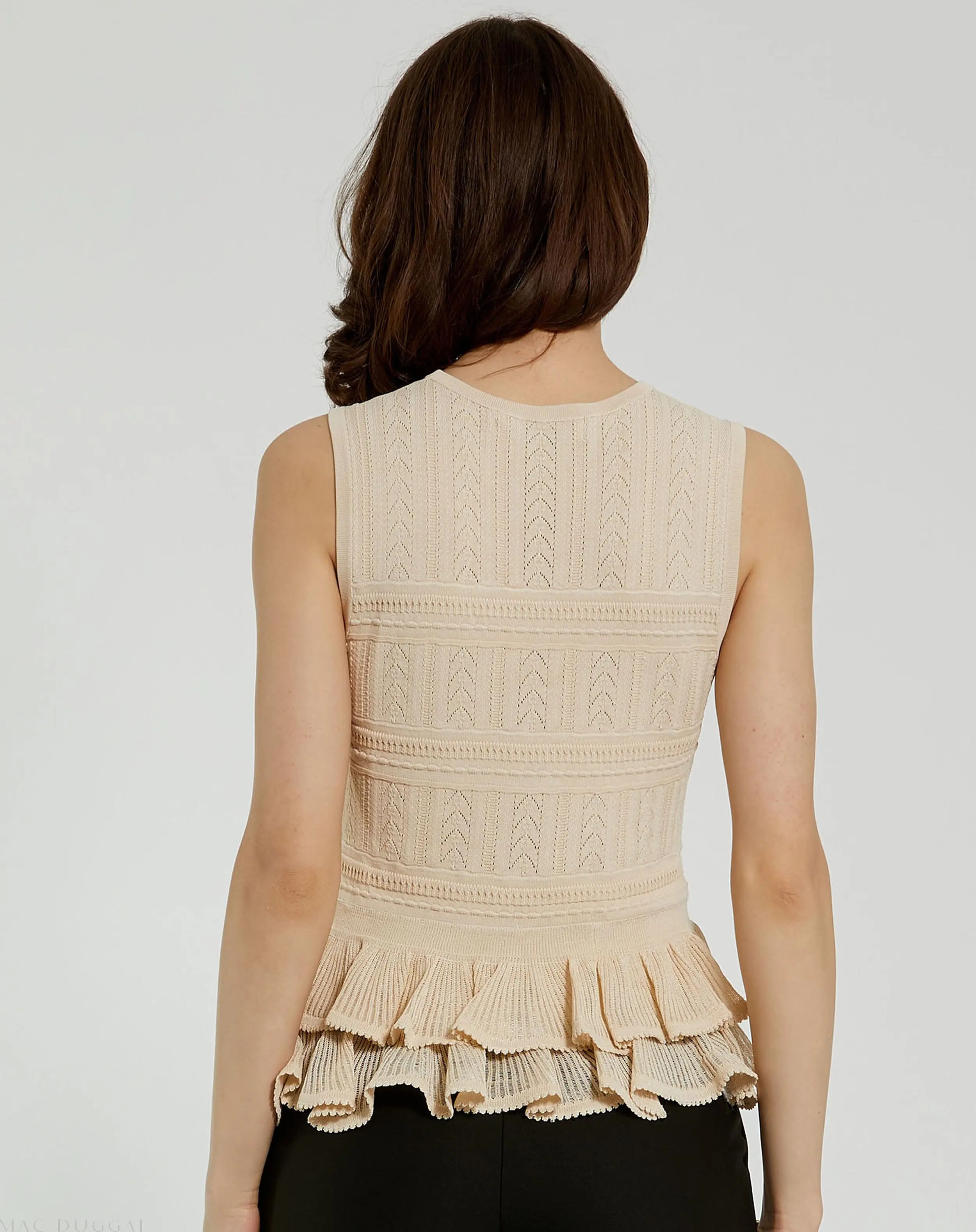 Beige Sleeveless High Neck Knit Top With Ruffle Hem - Image 3