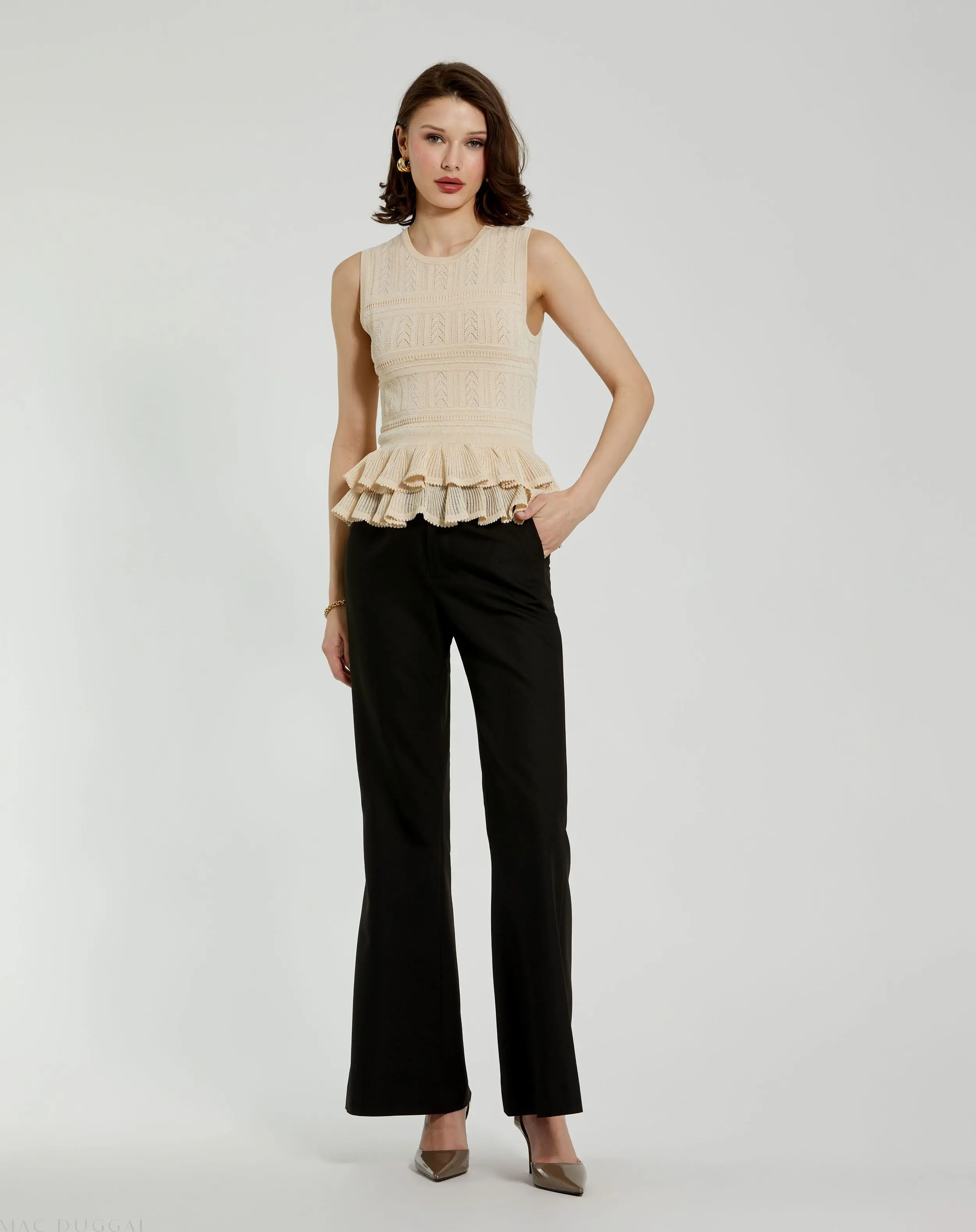 Beige Sleeveless High Neck Knit Top With Ruffle Hem - Image 4