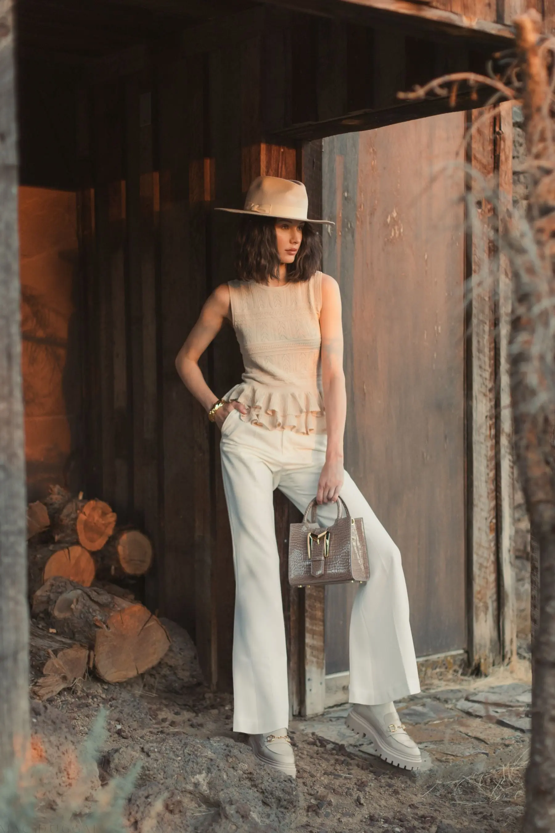 Beige Sleeveless High Neck Knit Top With Ruffle Hem - Image 5