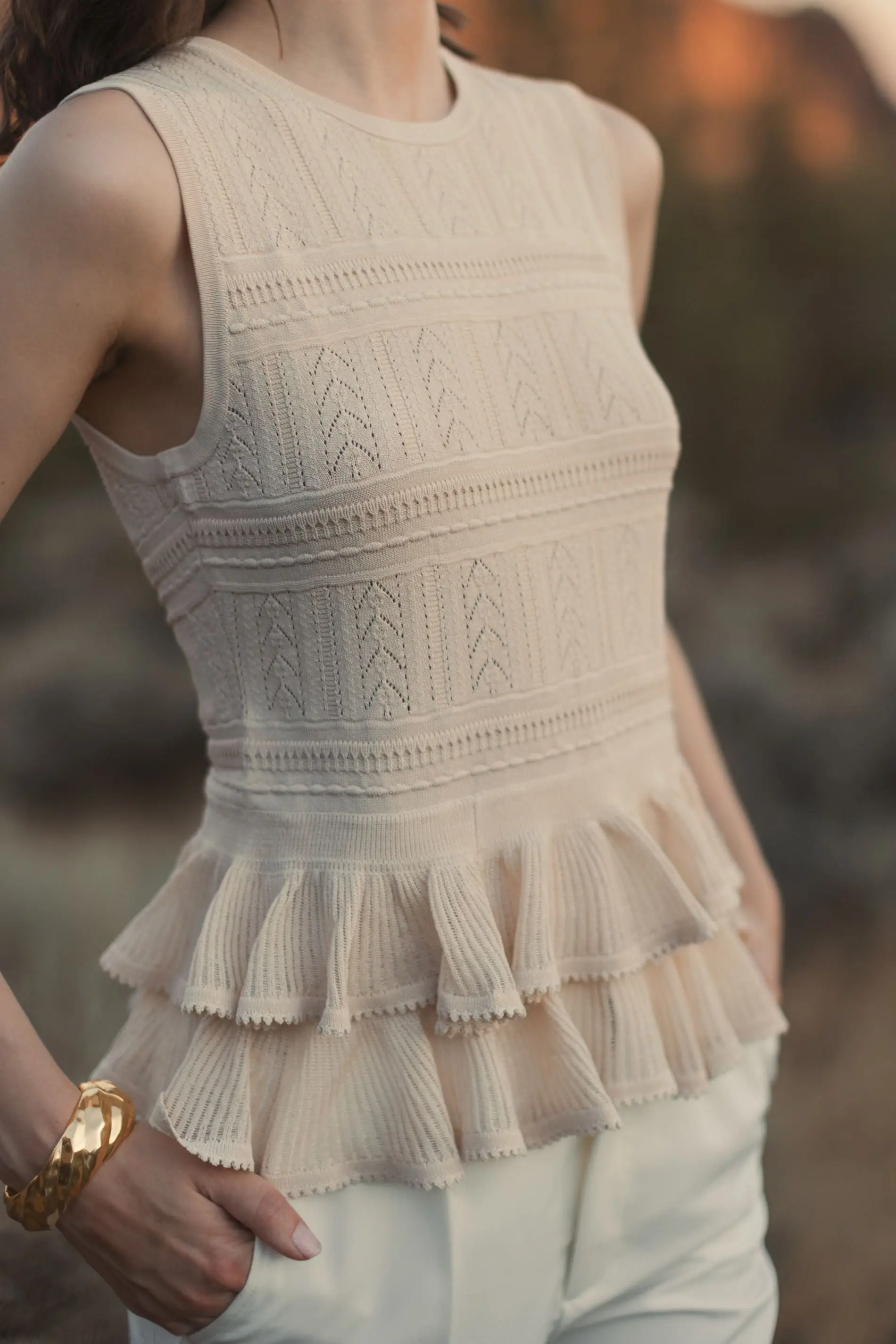 Beige Sleeveless High Neck Knit Top With Ruffle Hem - Image 6