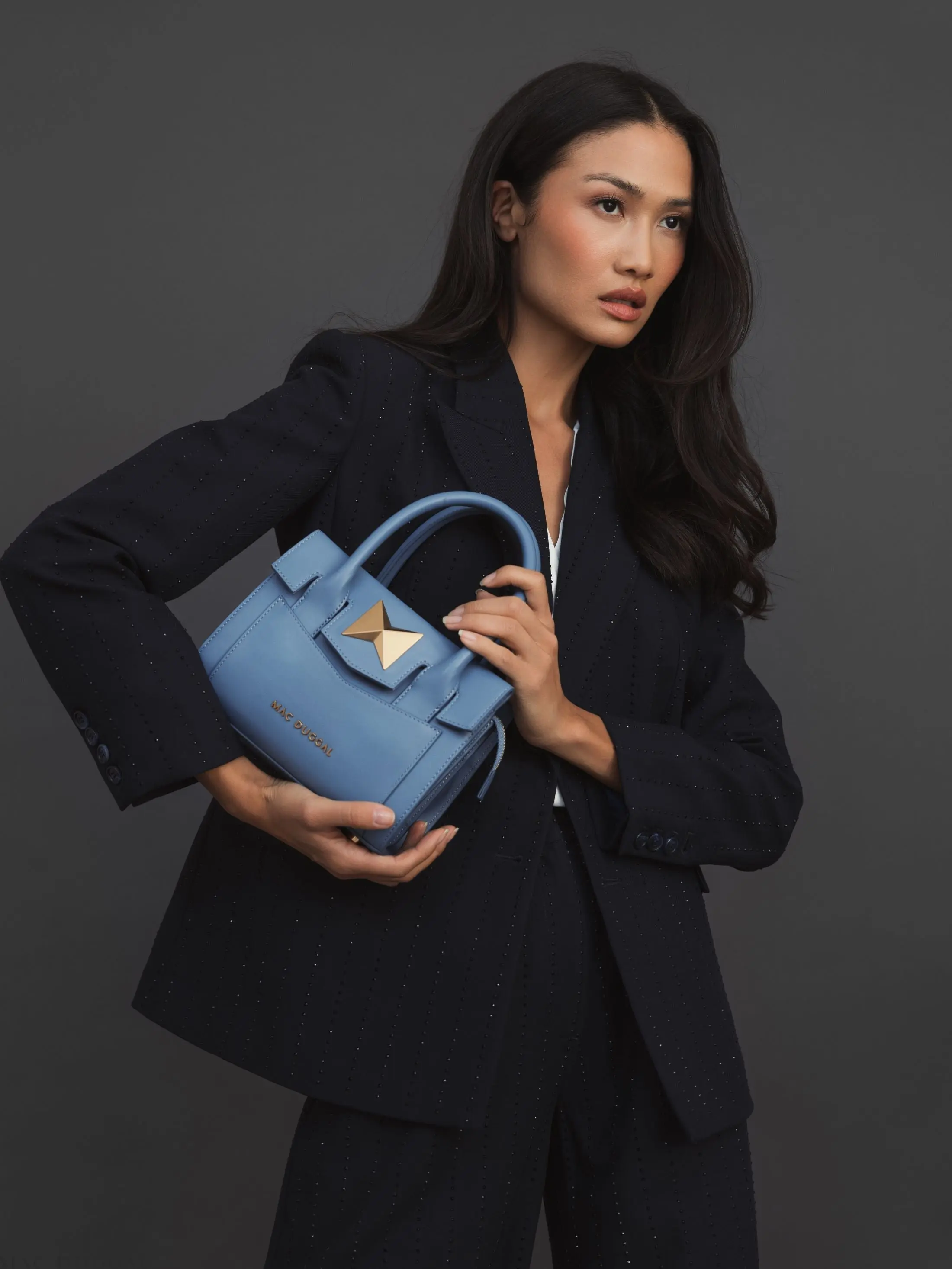 Blue Small Leather Tote Bag With Gold Hardware - Image 5