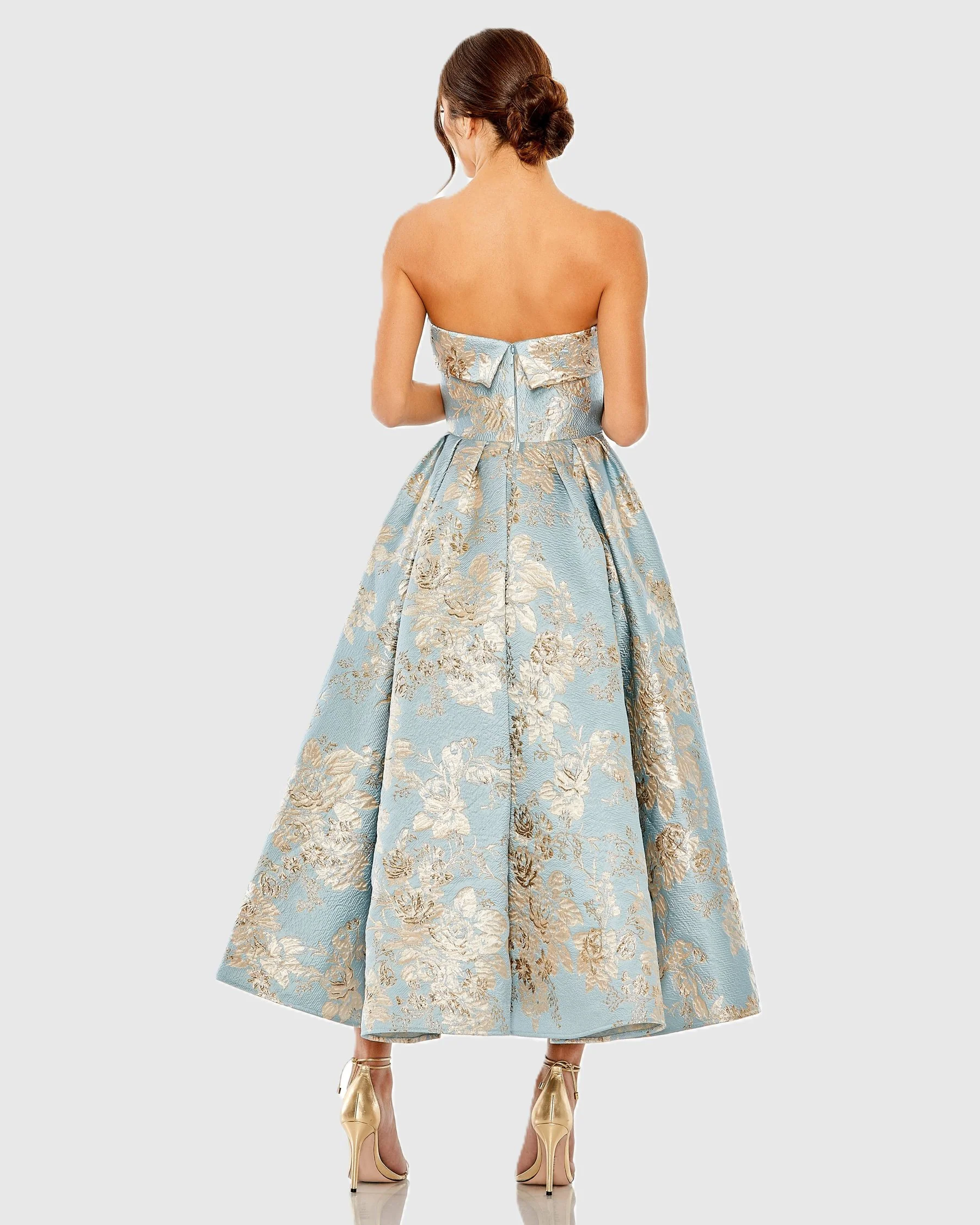 Blue Strapless Brocade Midi Dress with Pockets - Image 3