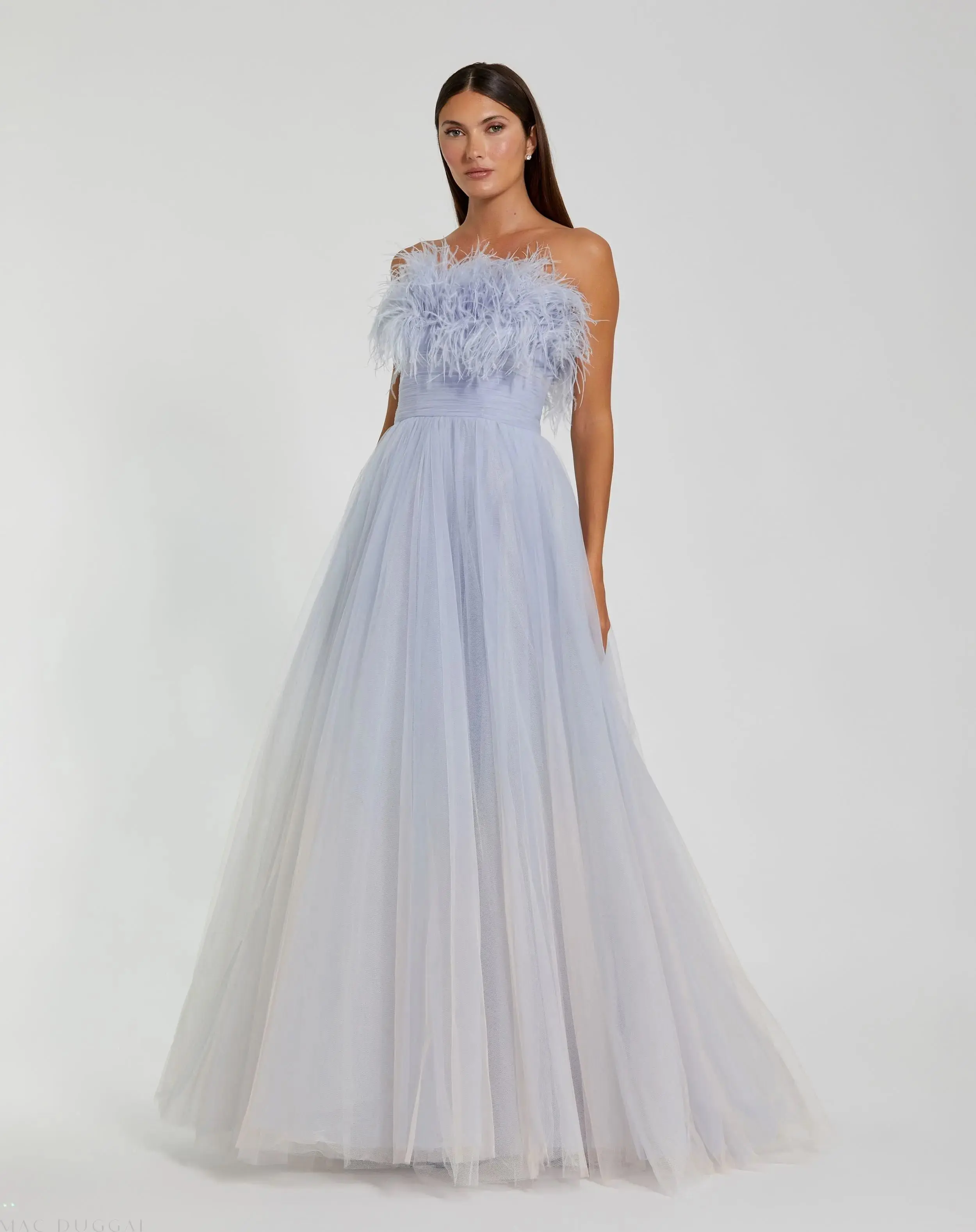 Blue Ombre Strapless Feather Bodice Tulle Gown - FINAL SALE