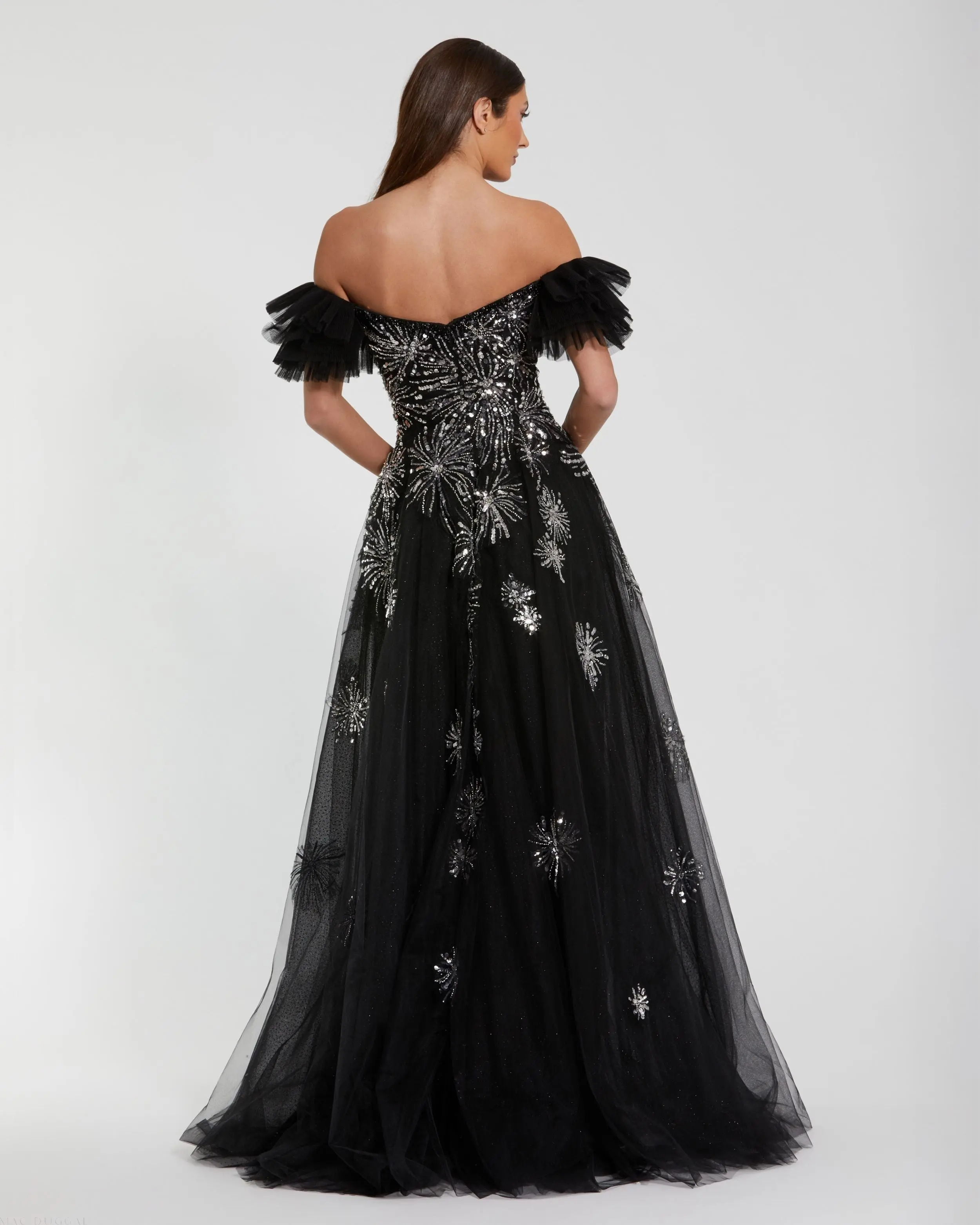Black Tulle Off The Shoulder Gown With Sequin Details - Image 3